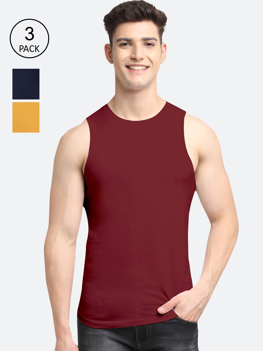 

Friskers Men Pack Of 3 Solid Cotton Apple Cut Innerwear Vests, Maroon