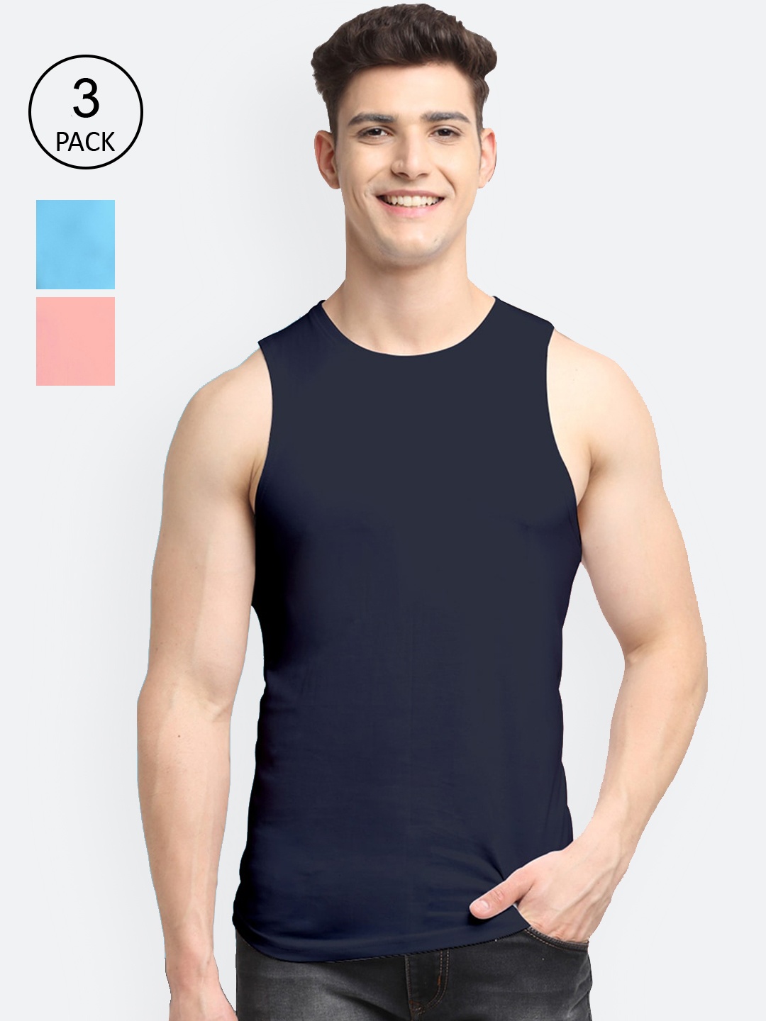 

Friskers Men Pack Of 3 Navy Blue Solid Pure Cotton Gym Vests