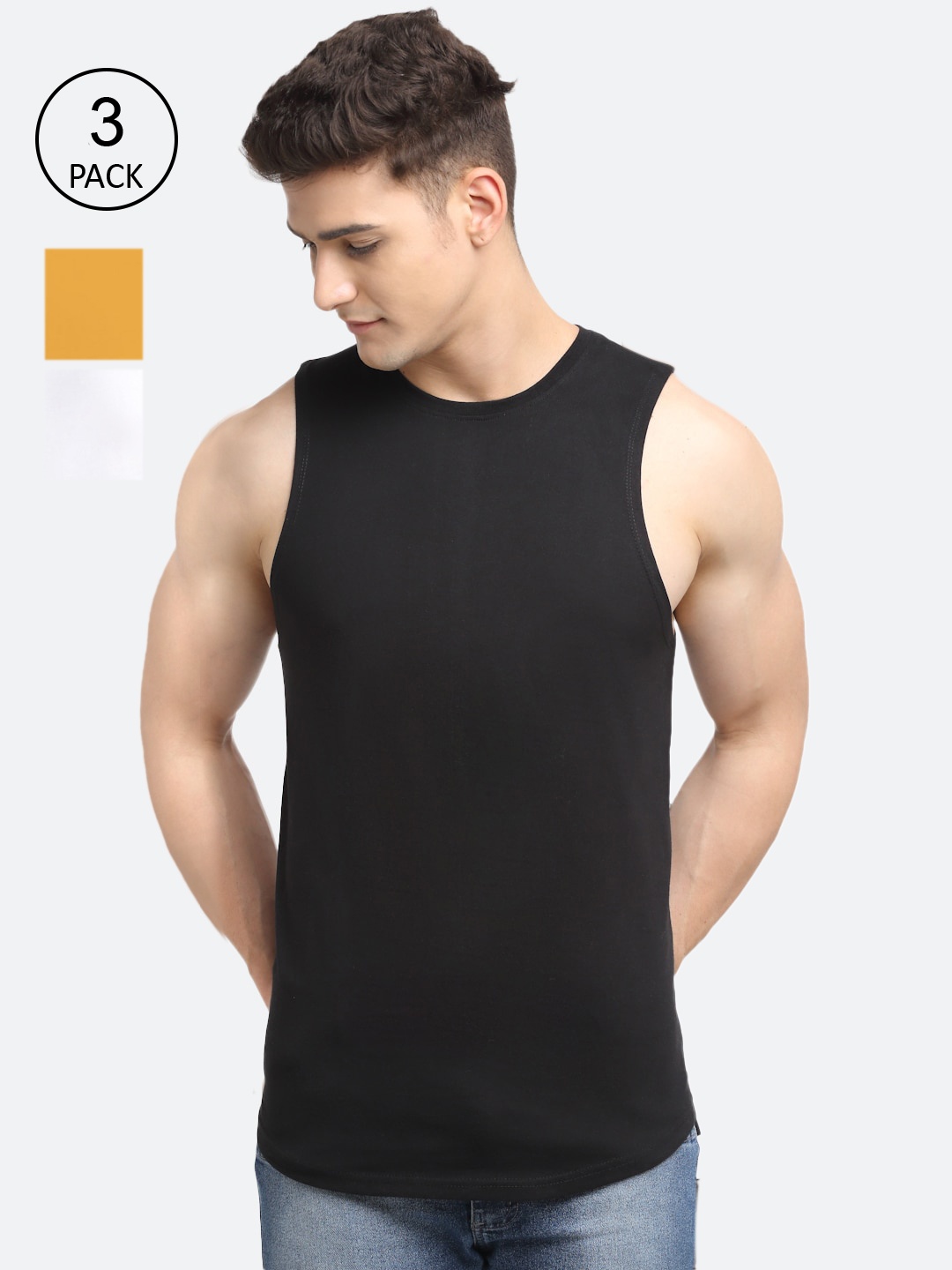 

Friskers Men Pack Of 3 Solid Pure Cotton Gym Vests, Black