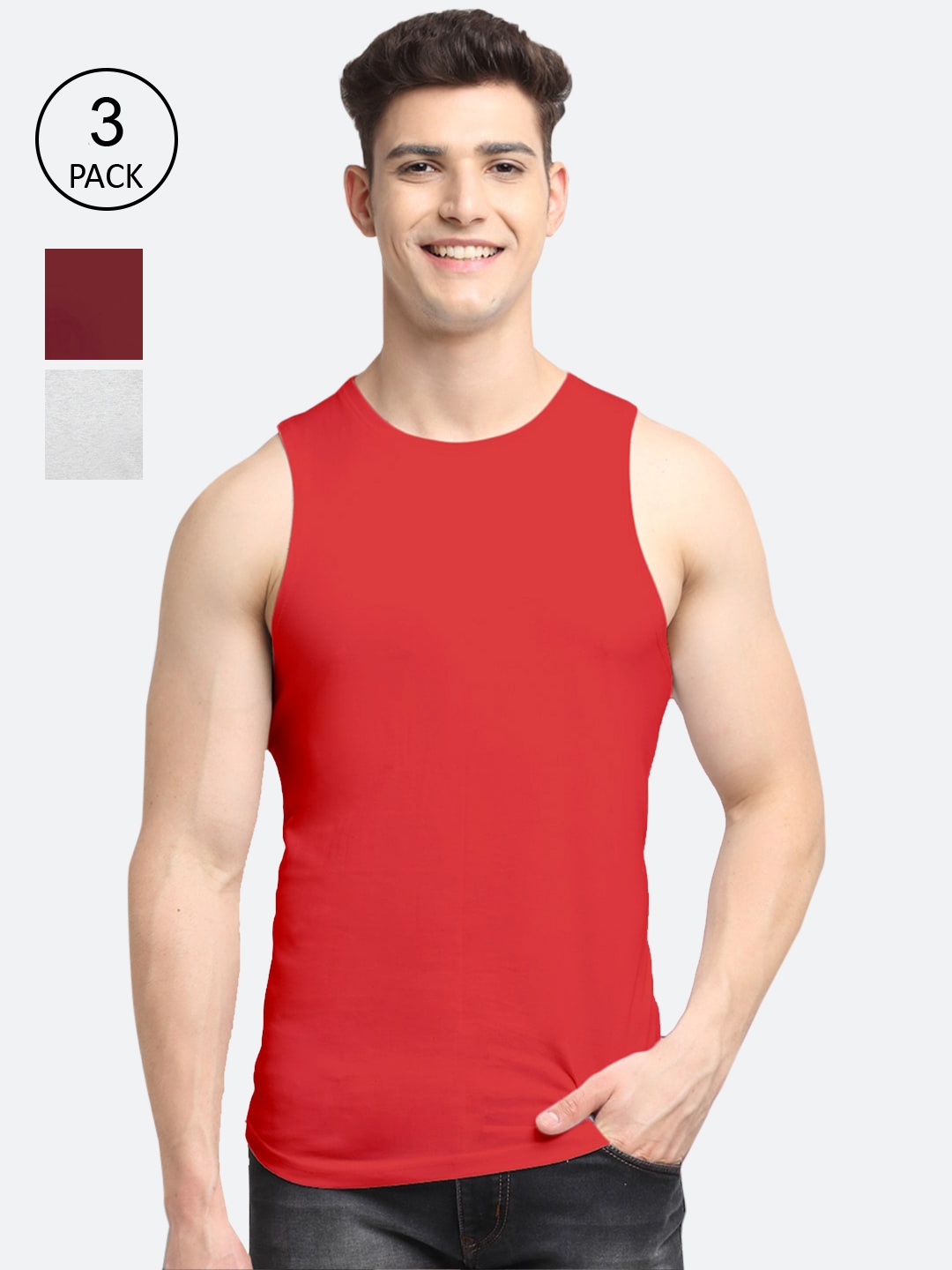 

Friskers Men Pack Of 3 Solid Cotton Apple Cut Innerwear Vests, Red