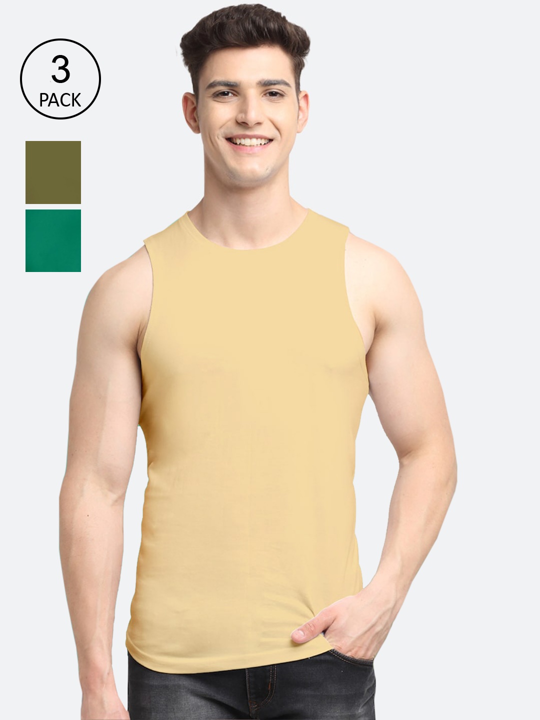 

Friskers Men Pack Of 3 Solid Beige & Green Cotton Gym Vests