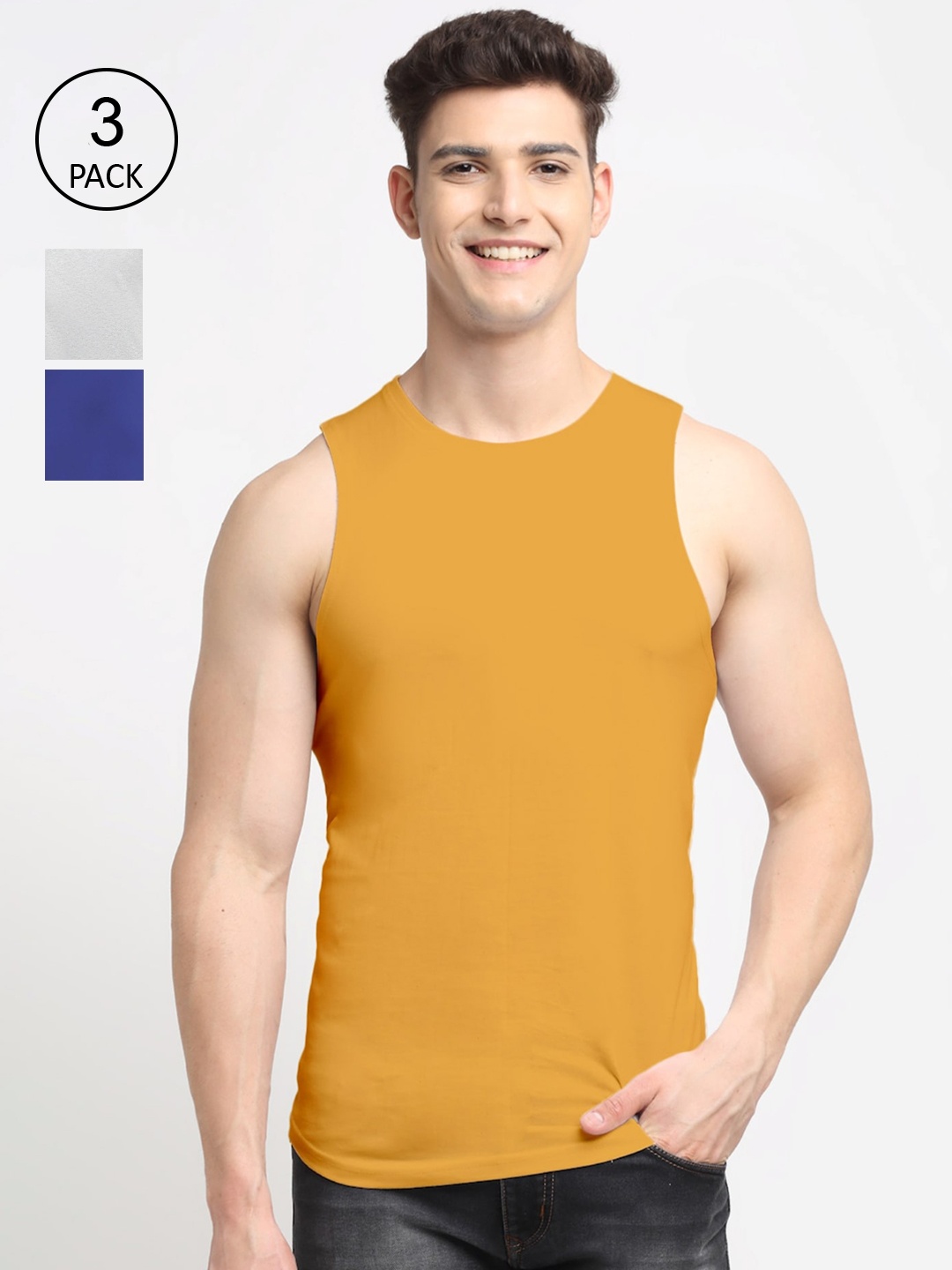 

Friskers Men Grey and Blue Pack Of 3 Solid Cotton Innerwear Vests