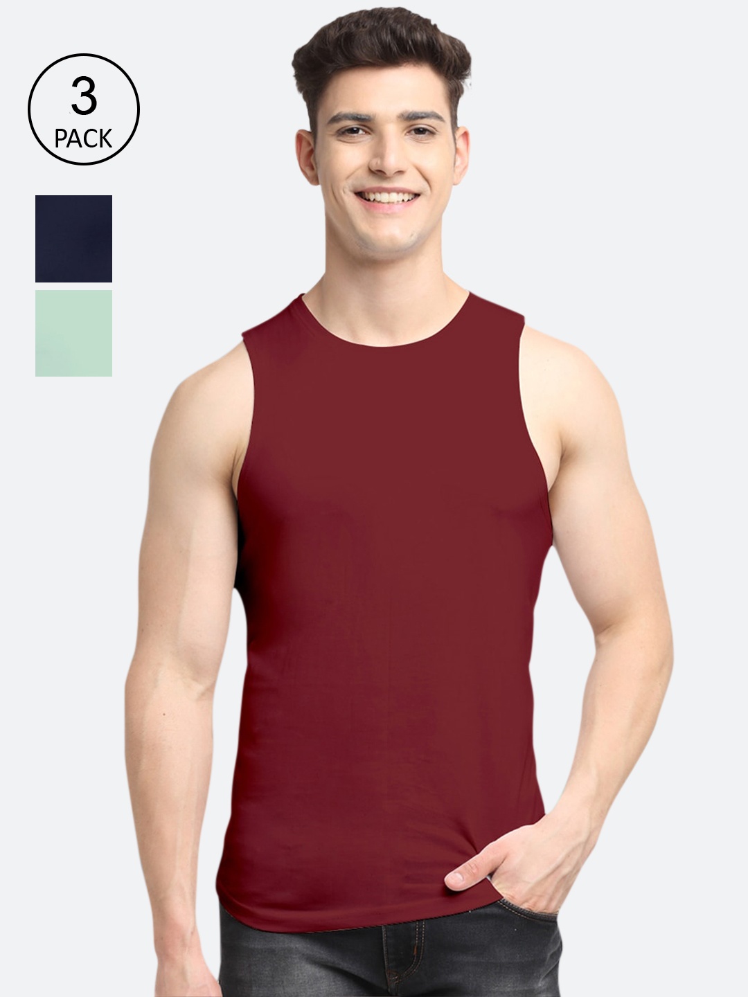 

Friskers Men Set Of 3 Maroon & Pista Sleeveless Solid Innerwear Vests, Blue