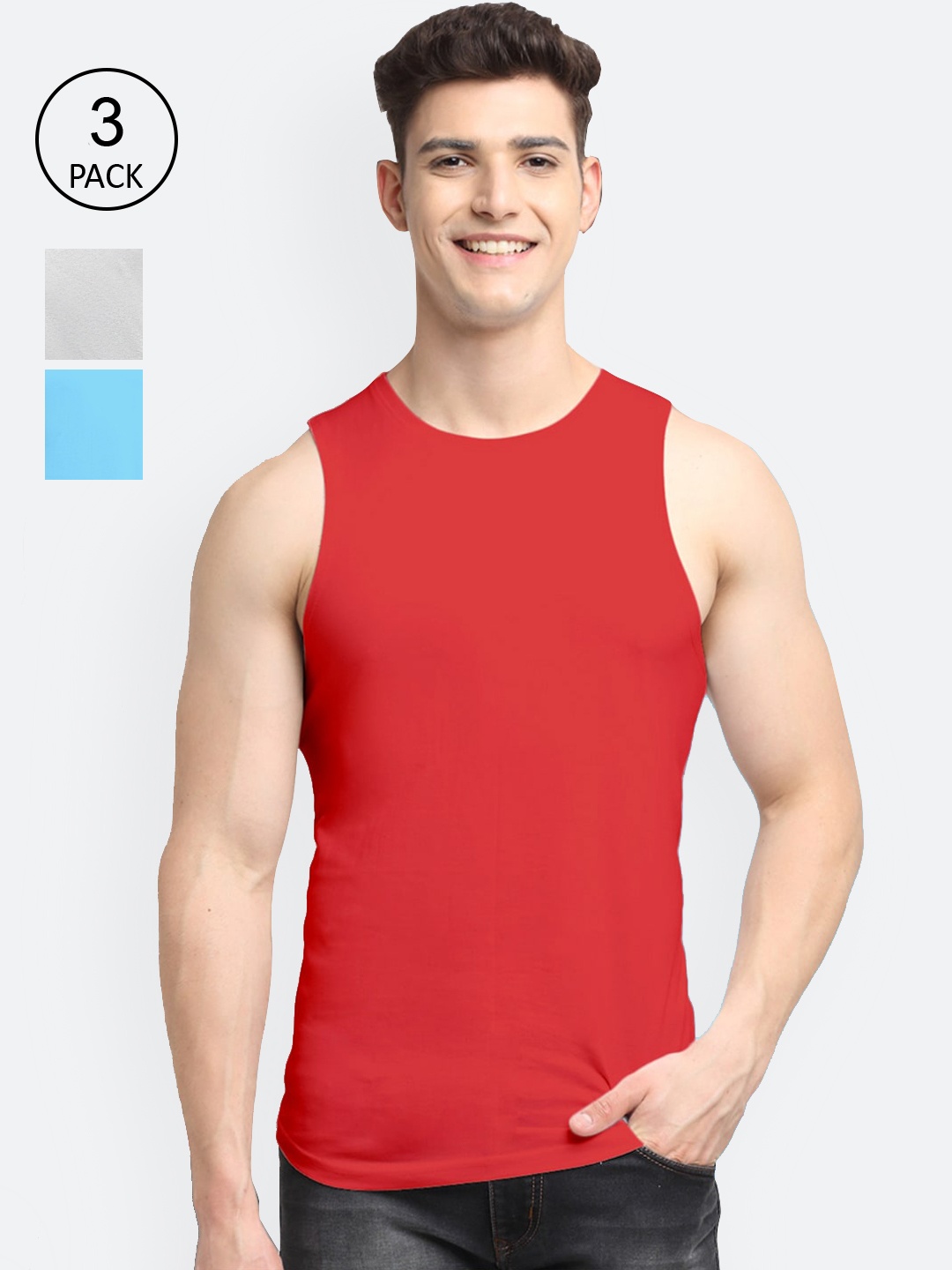 

Friskers Men Pack Of 3 Solid Pure Cotton Innerwear Gym Vests, Red