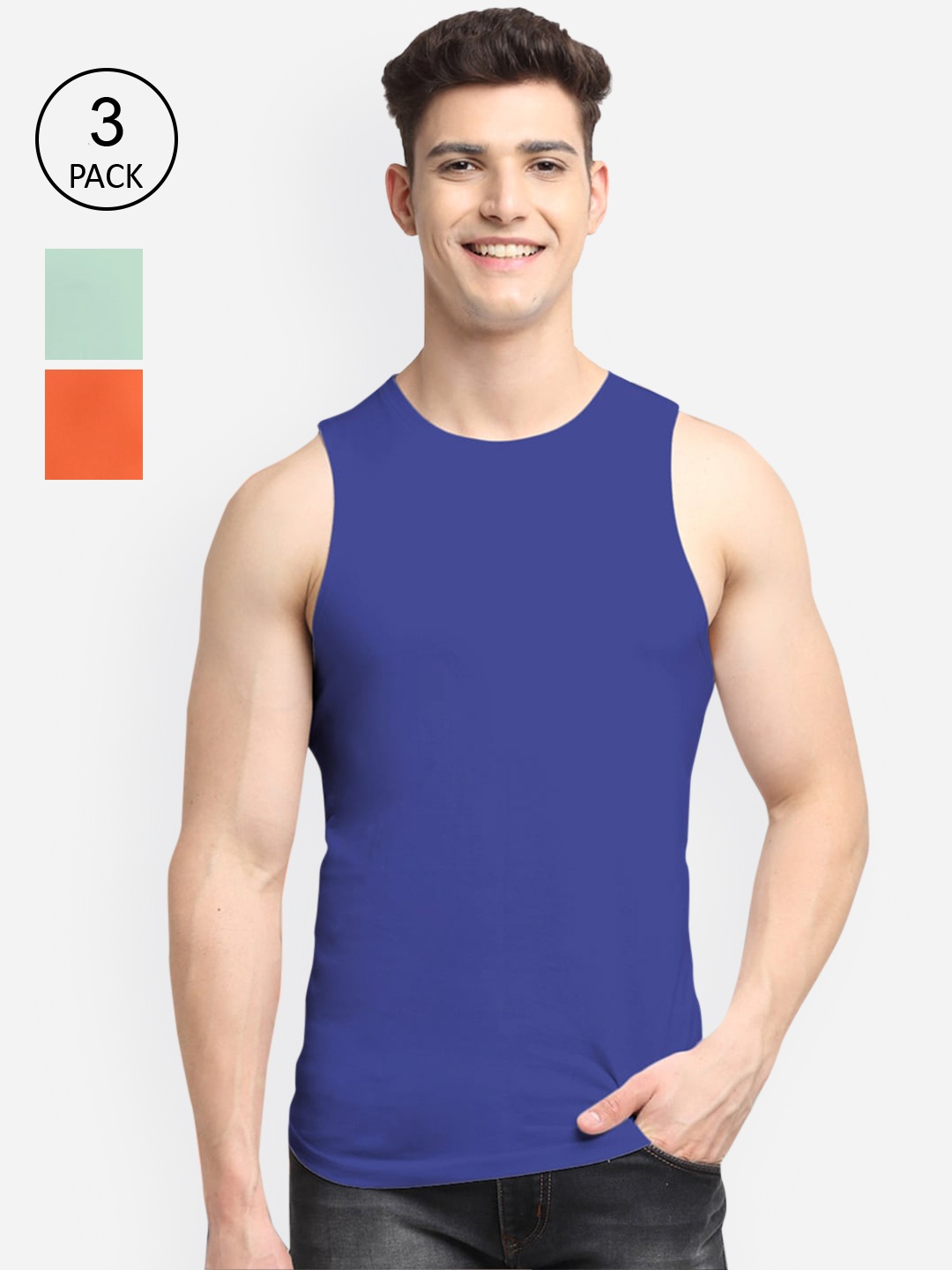 

Friskers Men Pack Of 3 Solid Pure Cotton Innerwear Vests, Blue