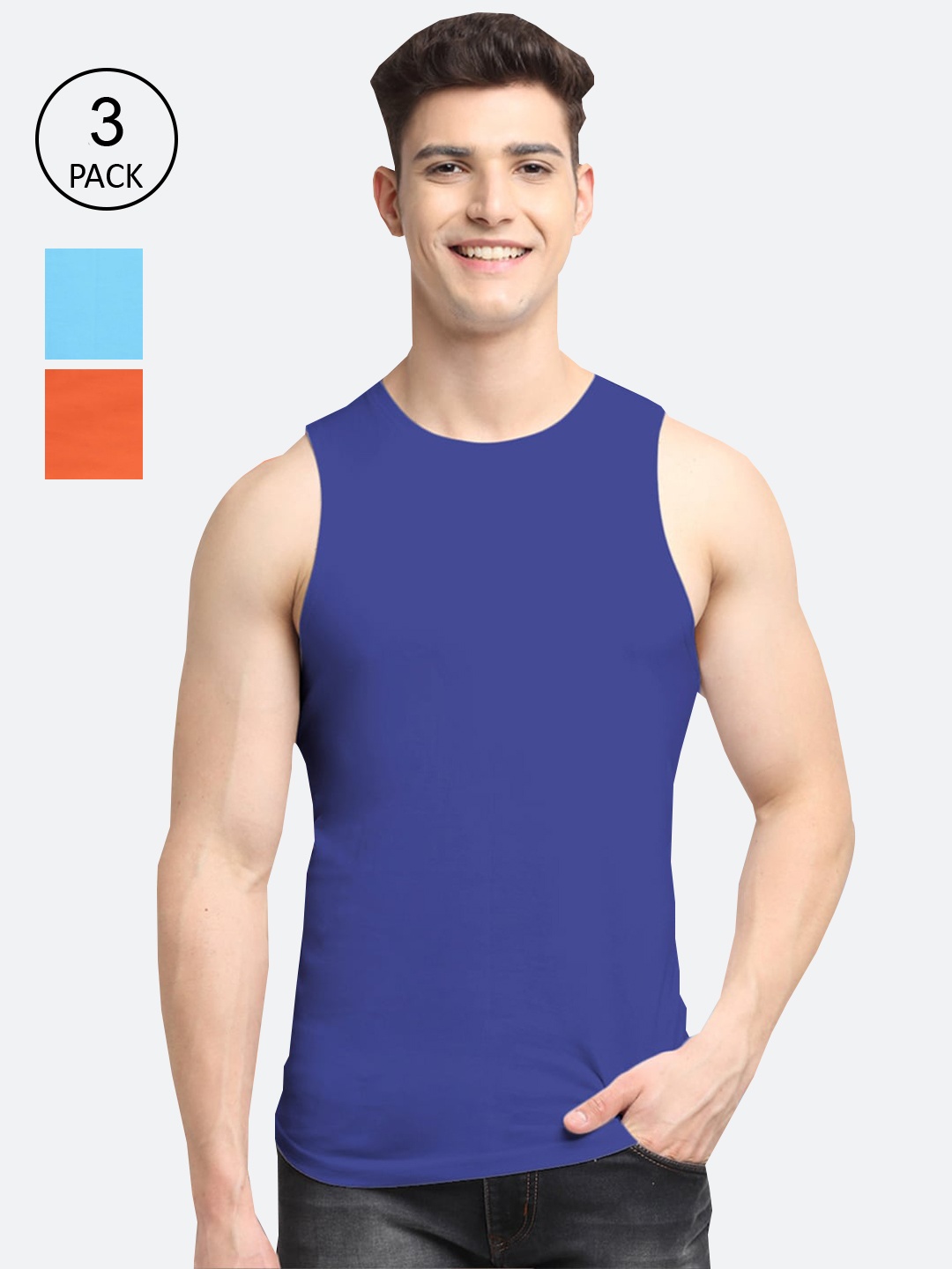 

Friskers Men Pack Of 3 Solid Cotton Apple Cut Innerwear Vests, Blue