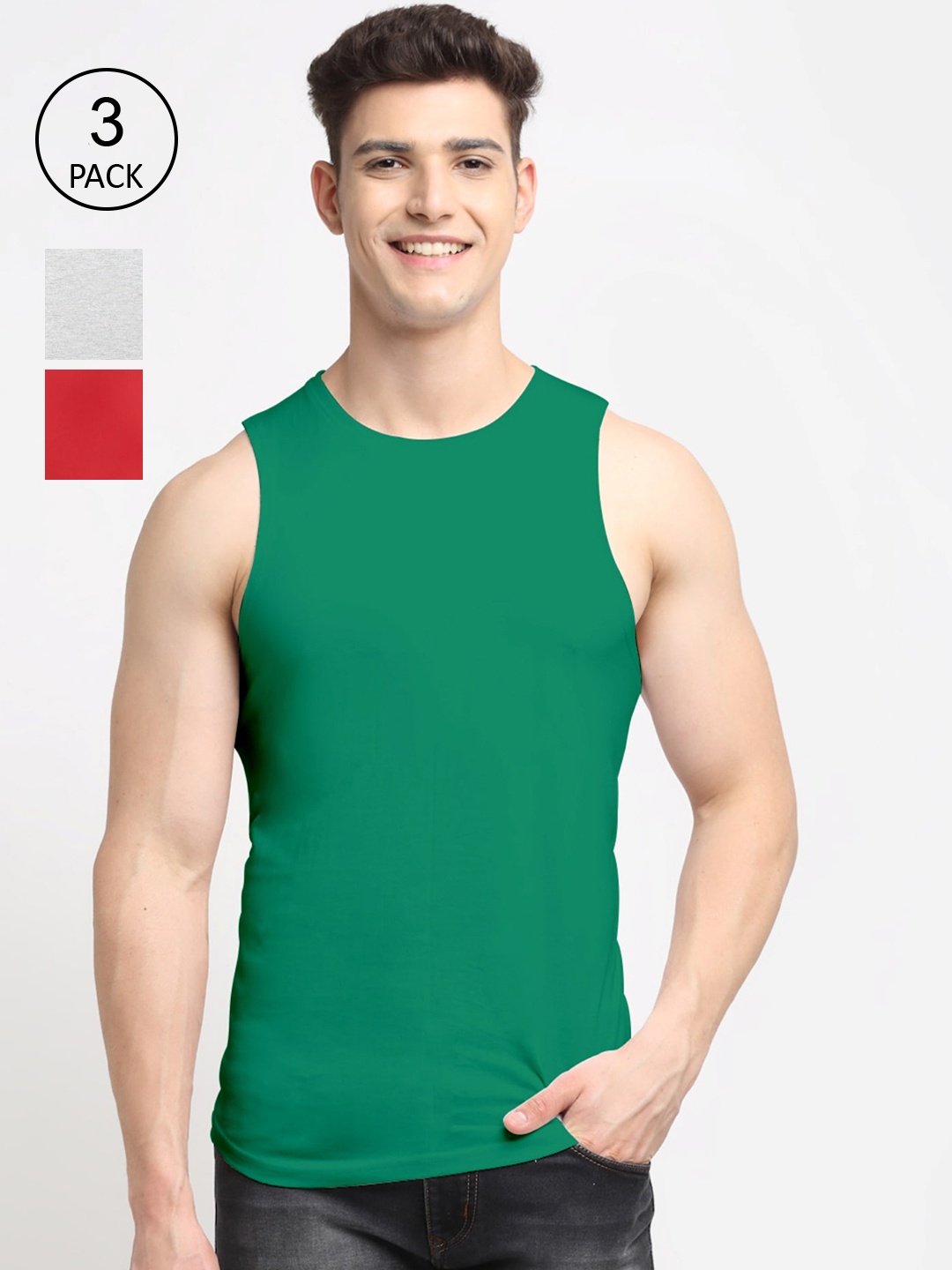 

Friskers Men Red Grey Green Pack Of 3 Solid Pure Cotton Gym Vests