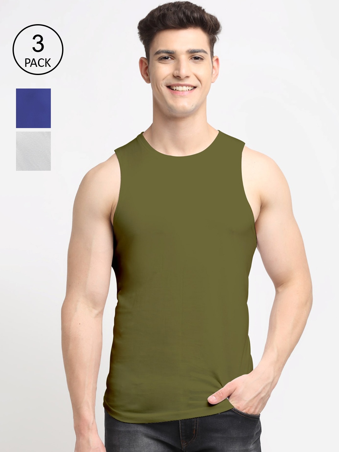 

Friskers Men Set Of 3 Blue & Olive Solid Pure Cotton Innerwear Vests