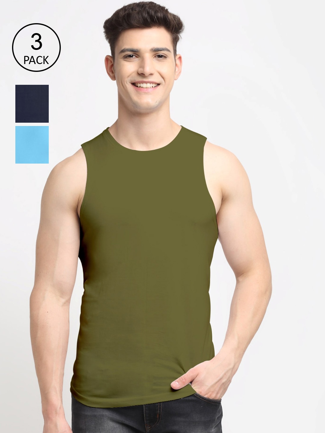 

Friskers Men Pack Of 3 Solid Pure Cotton Innerwear Vests AE-17-20-34-S, Navy blue