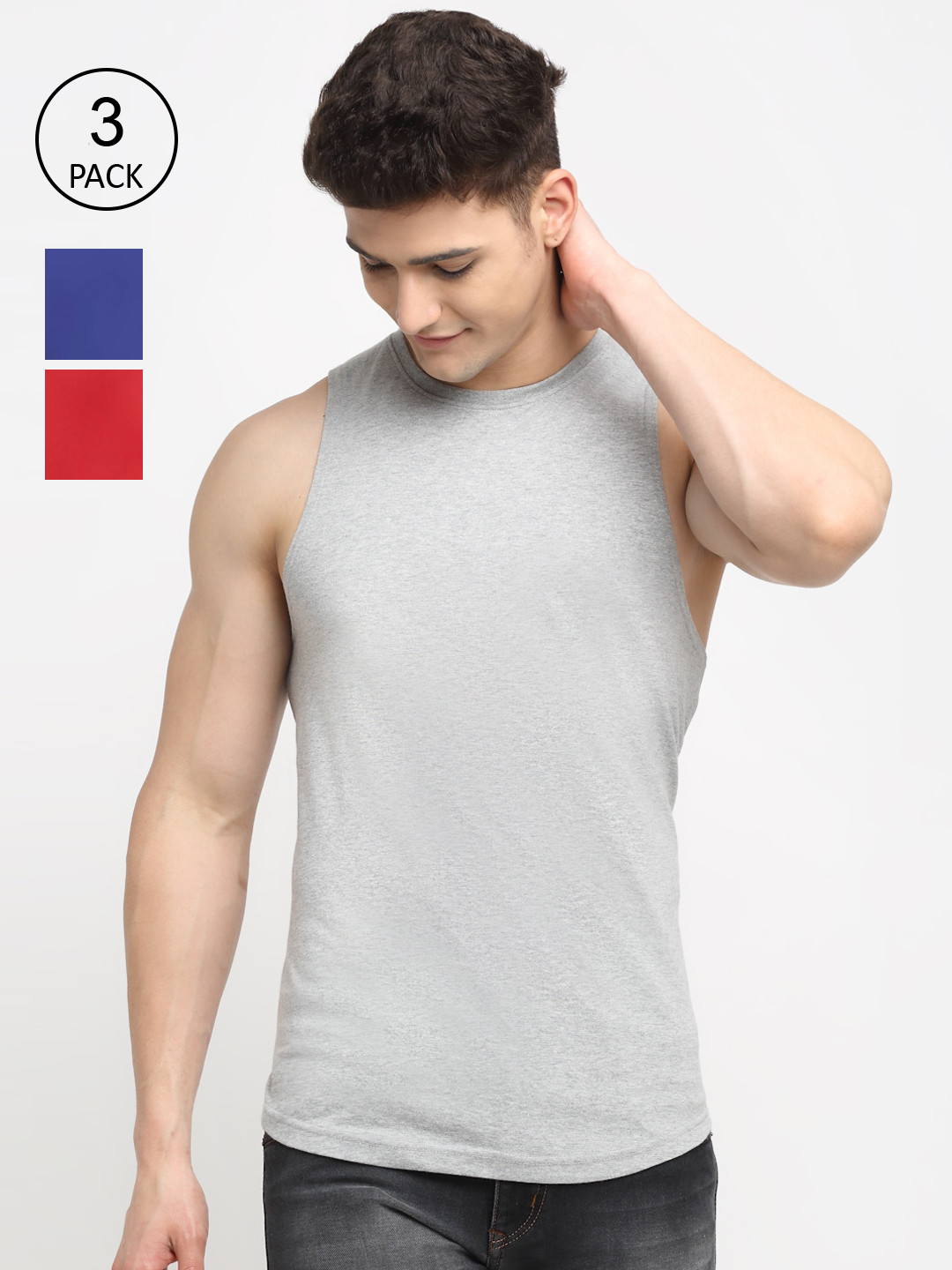 

Friskers Men Pack Of 3 Red Grey Blue Solid Pure Cotton Gym Vests