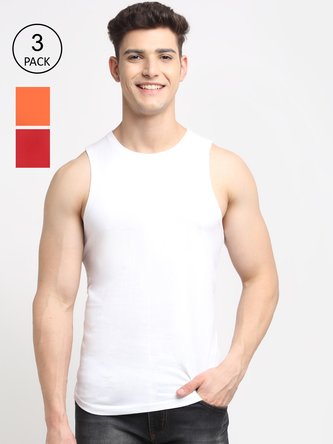 

Friskers Men Pack Of 3 White Orange & Red Solid Pure Cotton Innerwear Vests