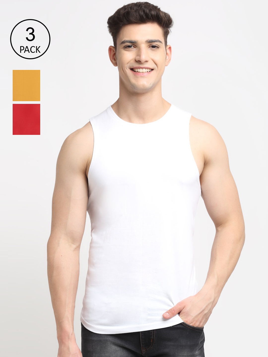 

Friskers Men Pack Of 3 White & Red Solid Pure Cotton Gym Vests