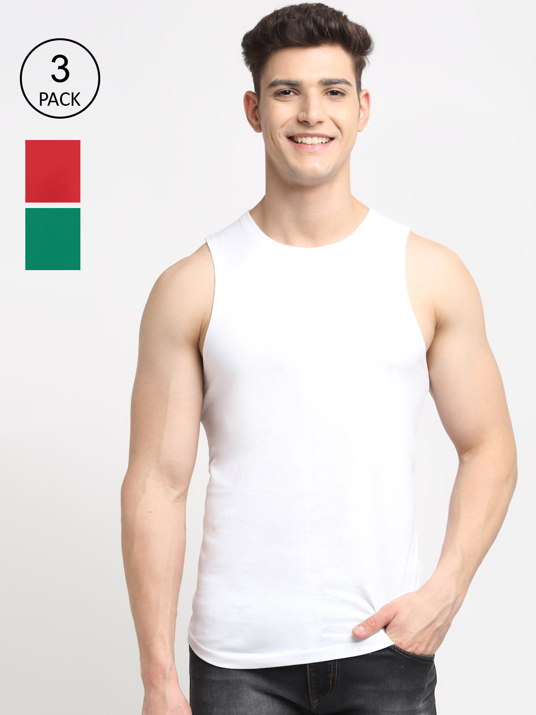 

Friskers Men Pack Of 3 Solid Pure Cotton Innerwear Gym Vests, White