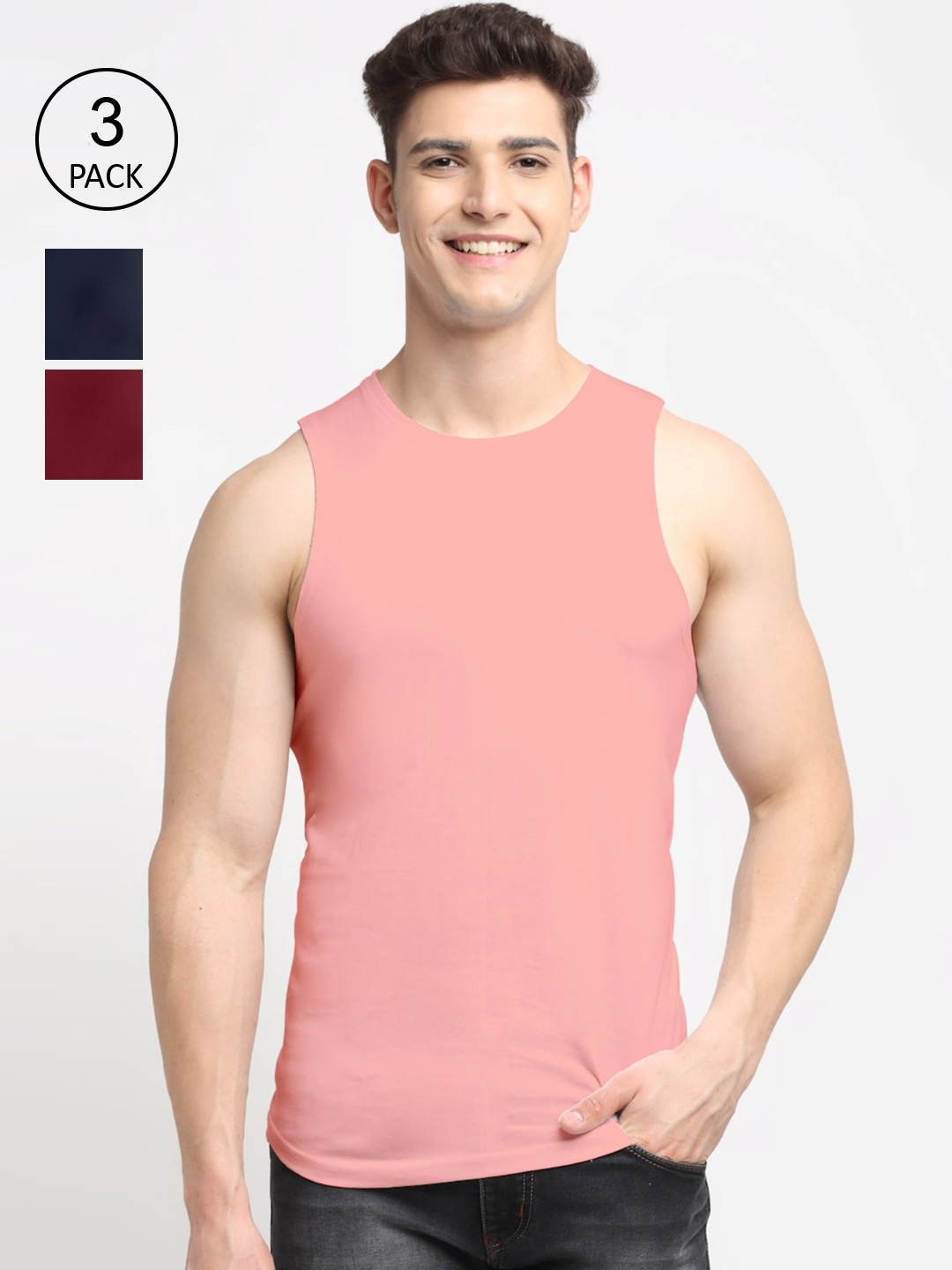 

Friskers Men Pack Of 3 Solid Pure Cotton Apple Cut Innerwear Vests, Maroon