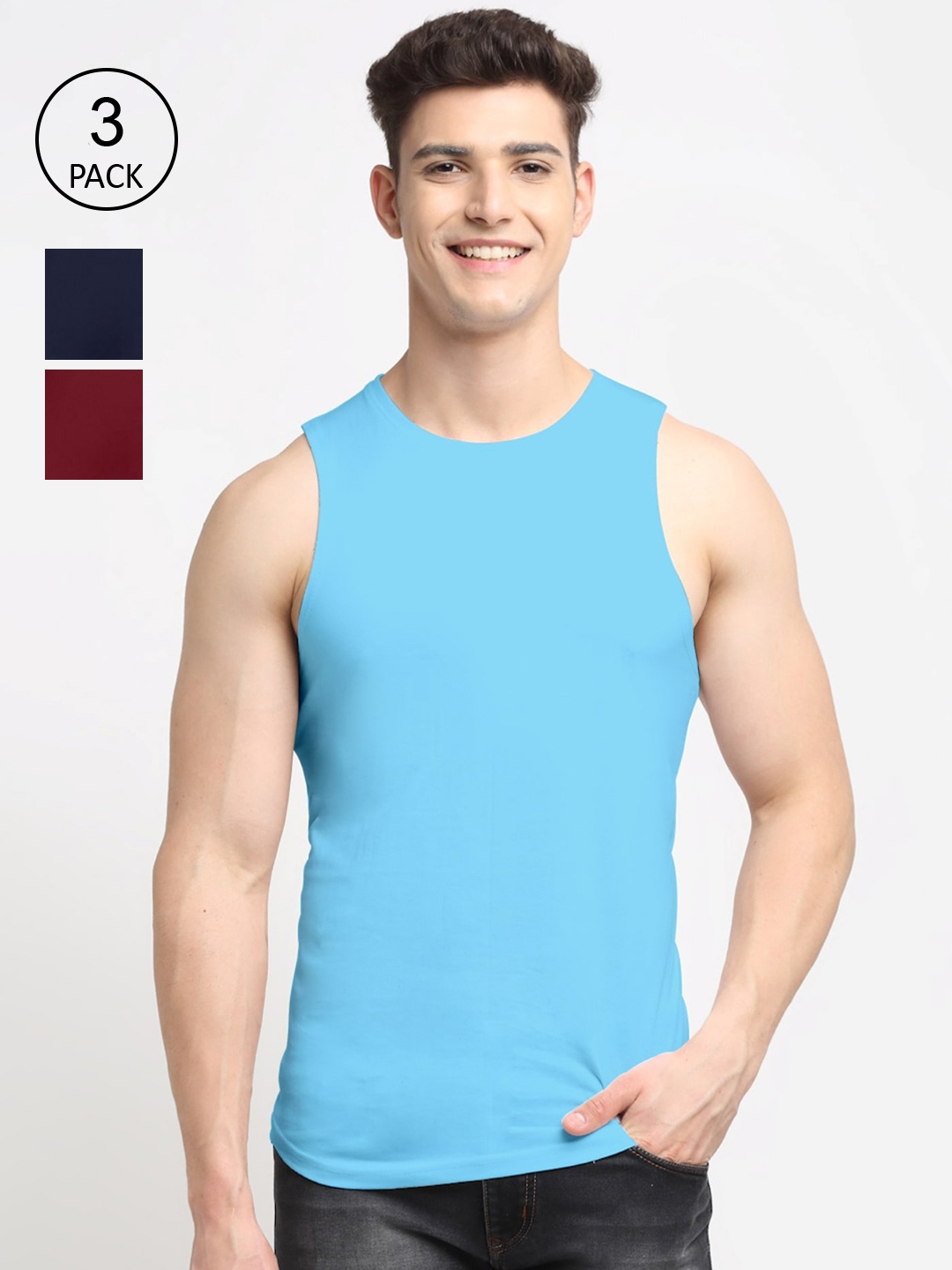 

Friskers Men Pack Of 3 Maroon Solid Pure Cotton Rib Gym Vest
