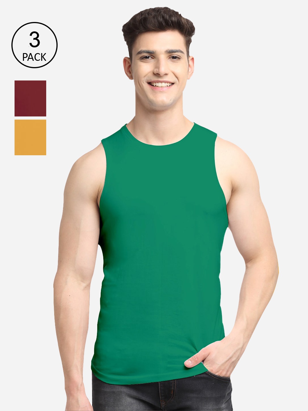 

Friskers Men Pack Of 3 Green & Maroon Solid Cotton Apple Cut Innerwear Vests