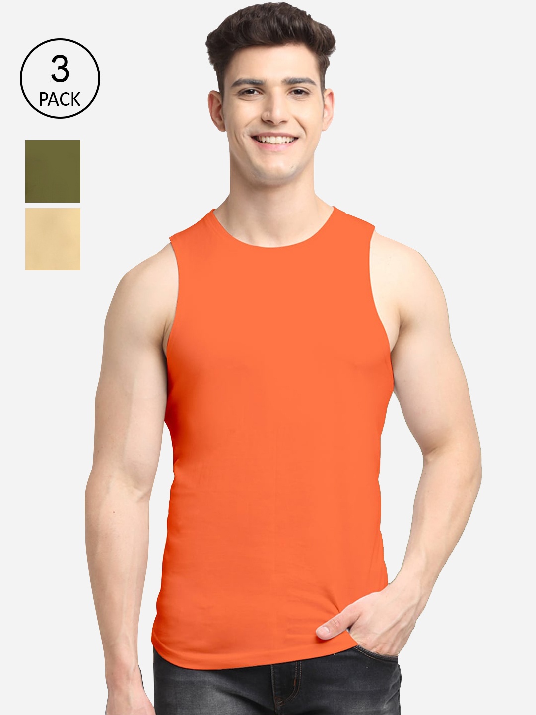 

Friskers Men Pack Of 3 Solid Pure Cotton Apple Cut Innerwear Vests, Orange