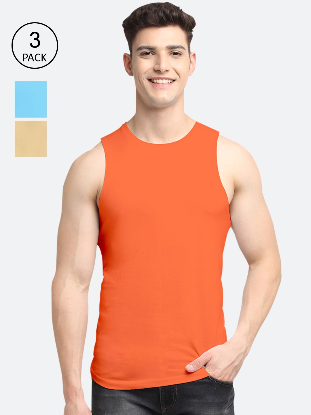 

Friskers Men Pack Of 3 Solid Cotton Outerwear Vests, Orange