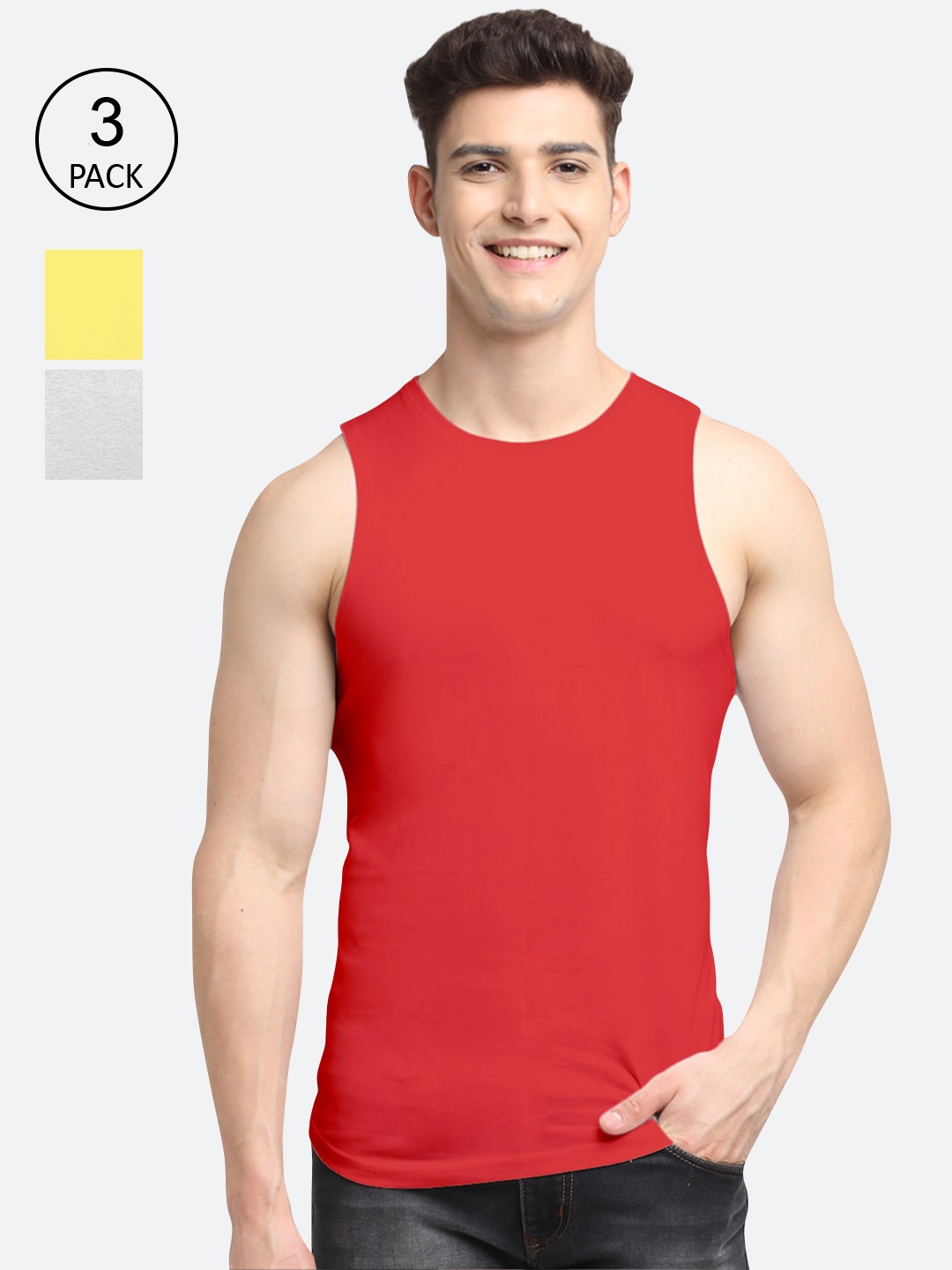 

Friskers Men Pack Of 3 Solid Pure Cotton Gym Innerwear Vest, Red