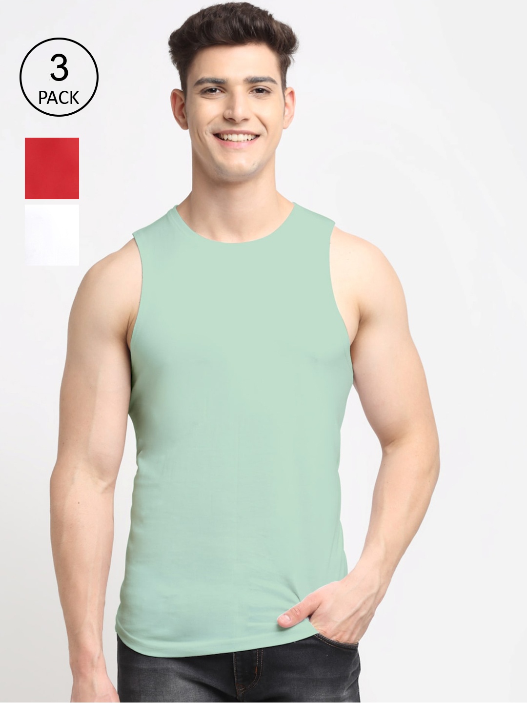 

Friskers Men Set Of 3 White Red Pista Sleeveless Casual Solid Apple Cut Outerwear Vest