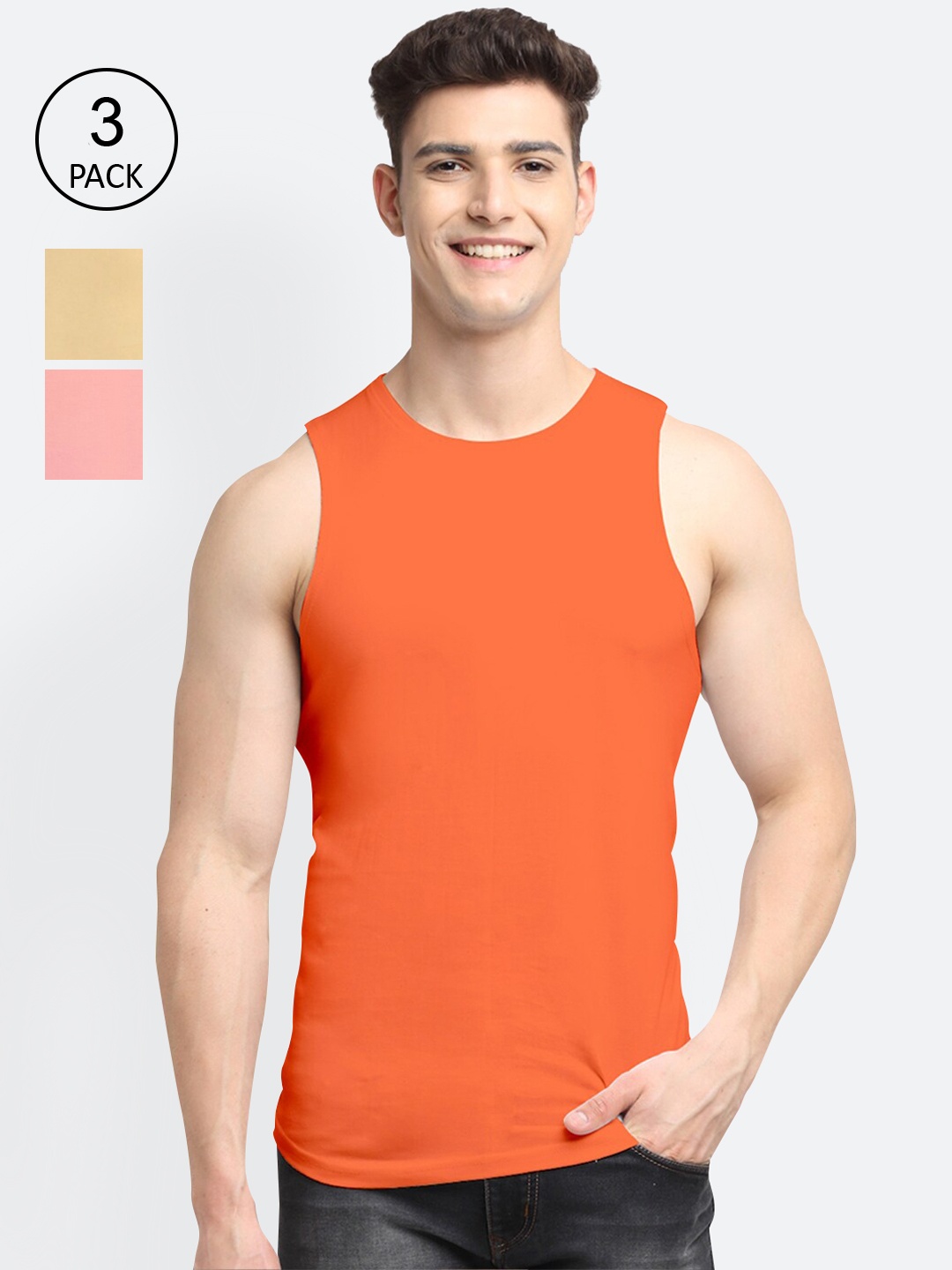 

Friskers Men Pack Of 3 Orange Solid Apple Cut Cotton Gym Vests