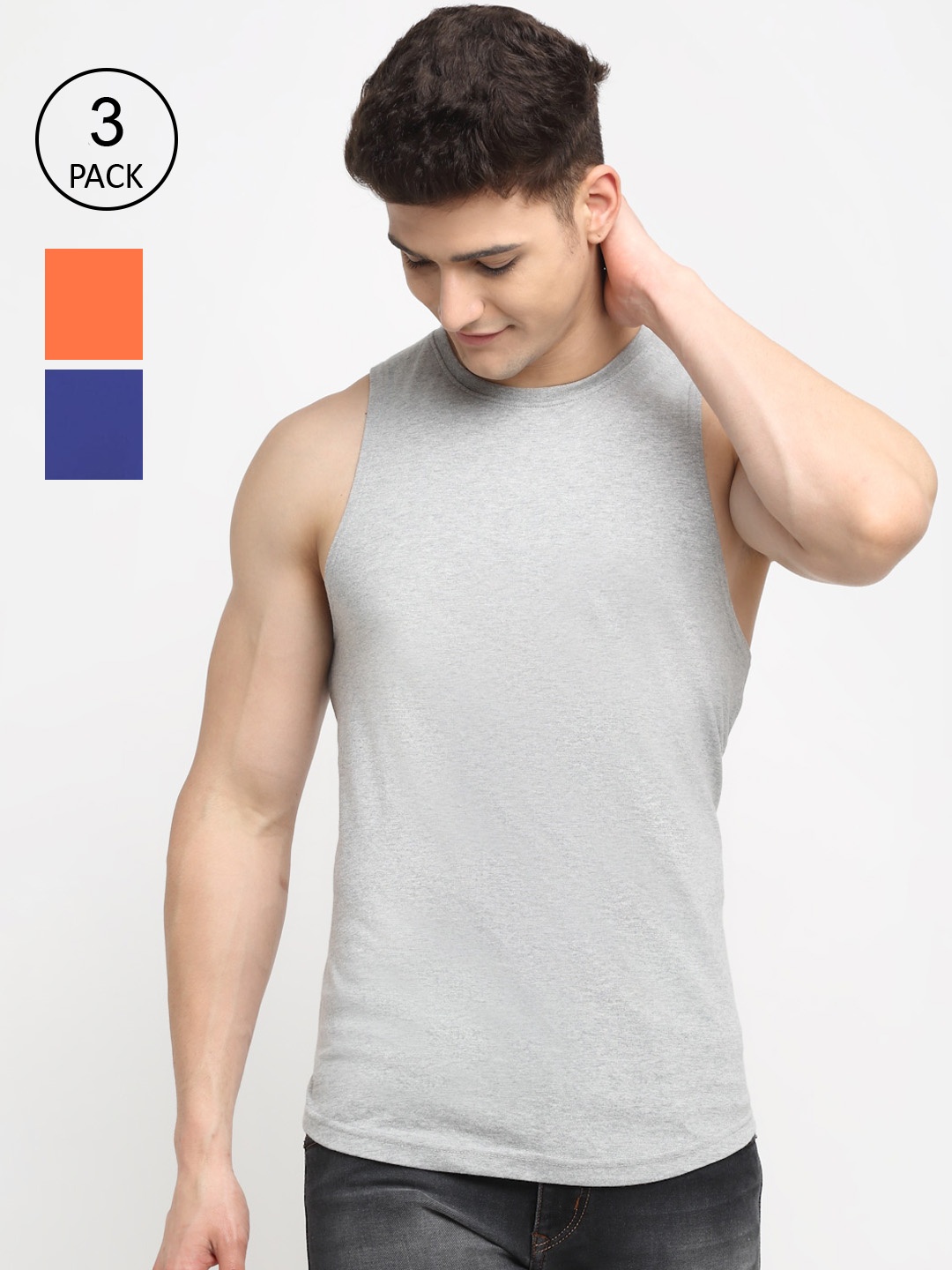 

Friskers Men Pack Of 3 Solid Pure Cotton Apple Cut Innerwear Vests, Grey