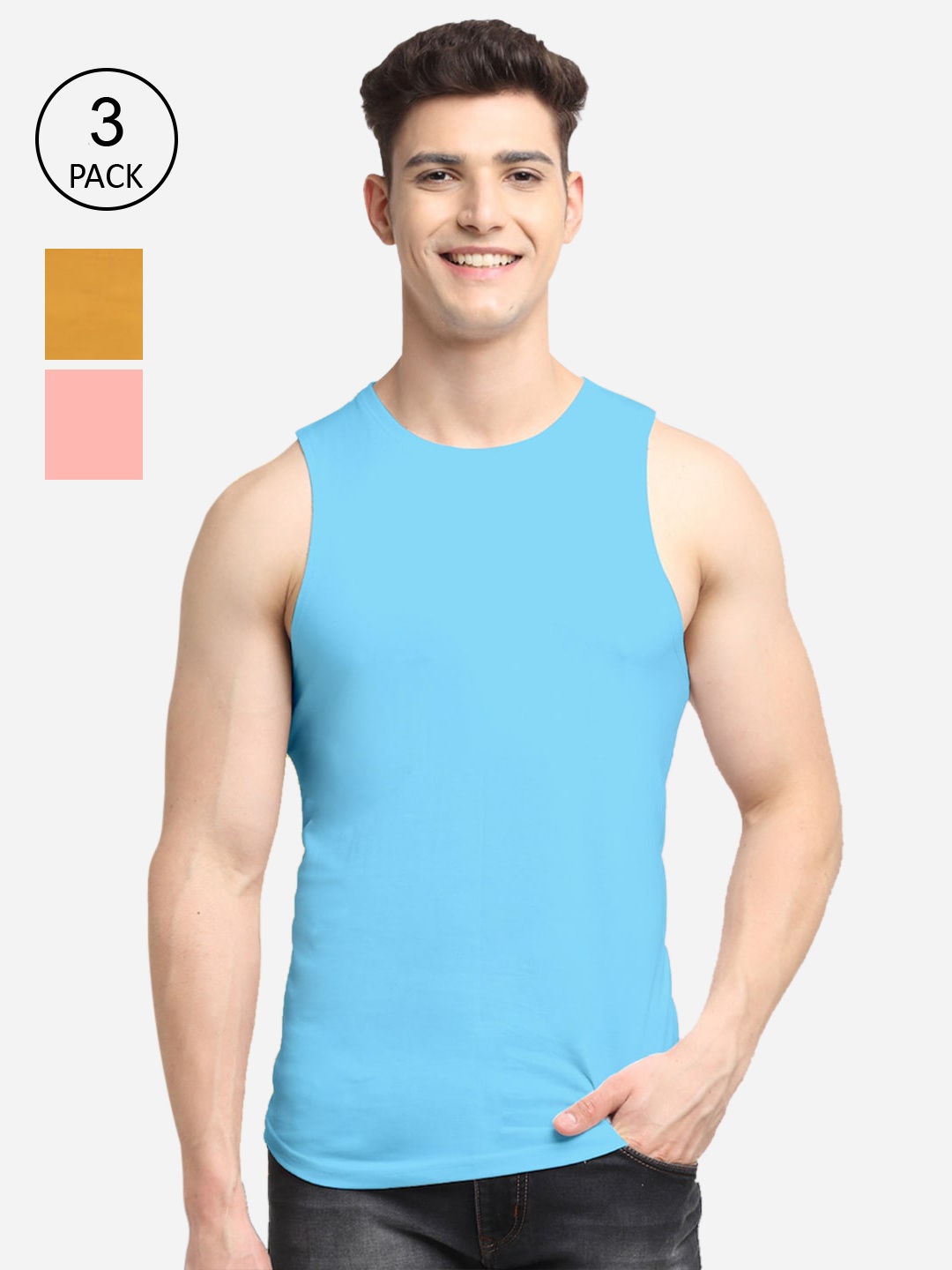 

Friskers Men Pack Of 3 Solid Pure Cotton Apple Cut Innerwear Vests, Blue