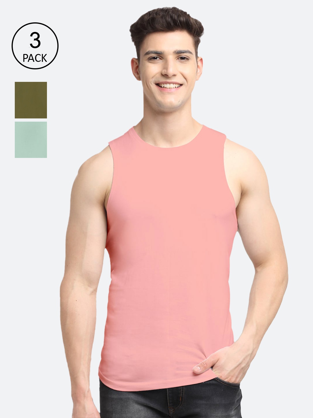 

Friskers Men Pack Of 3 Solid Cotton Apple Cut Innerwear Vests, Coral