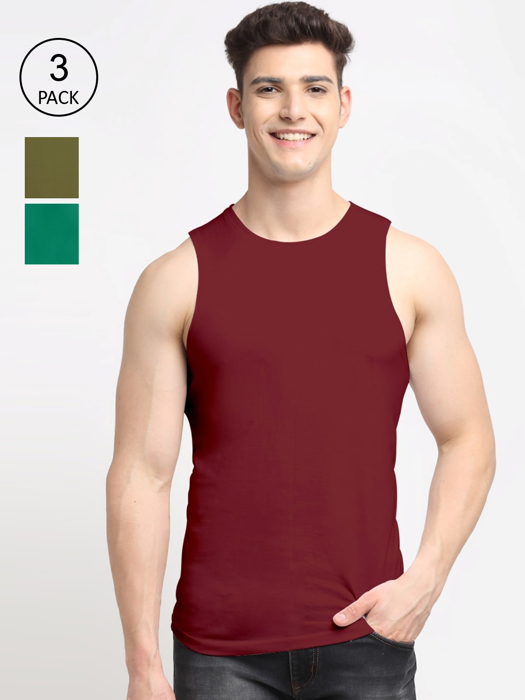 

Friskers Men Pack Of 3 Solid Pure Cotton Innerwear Vests, Green