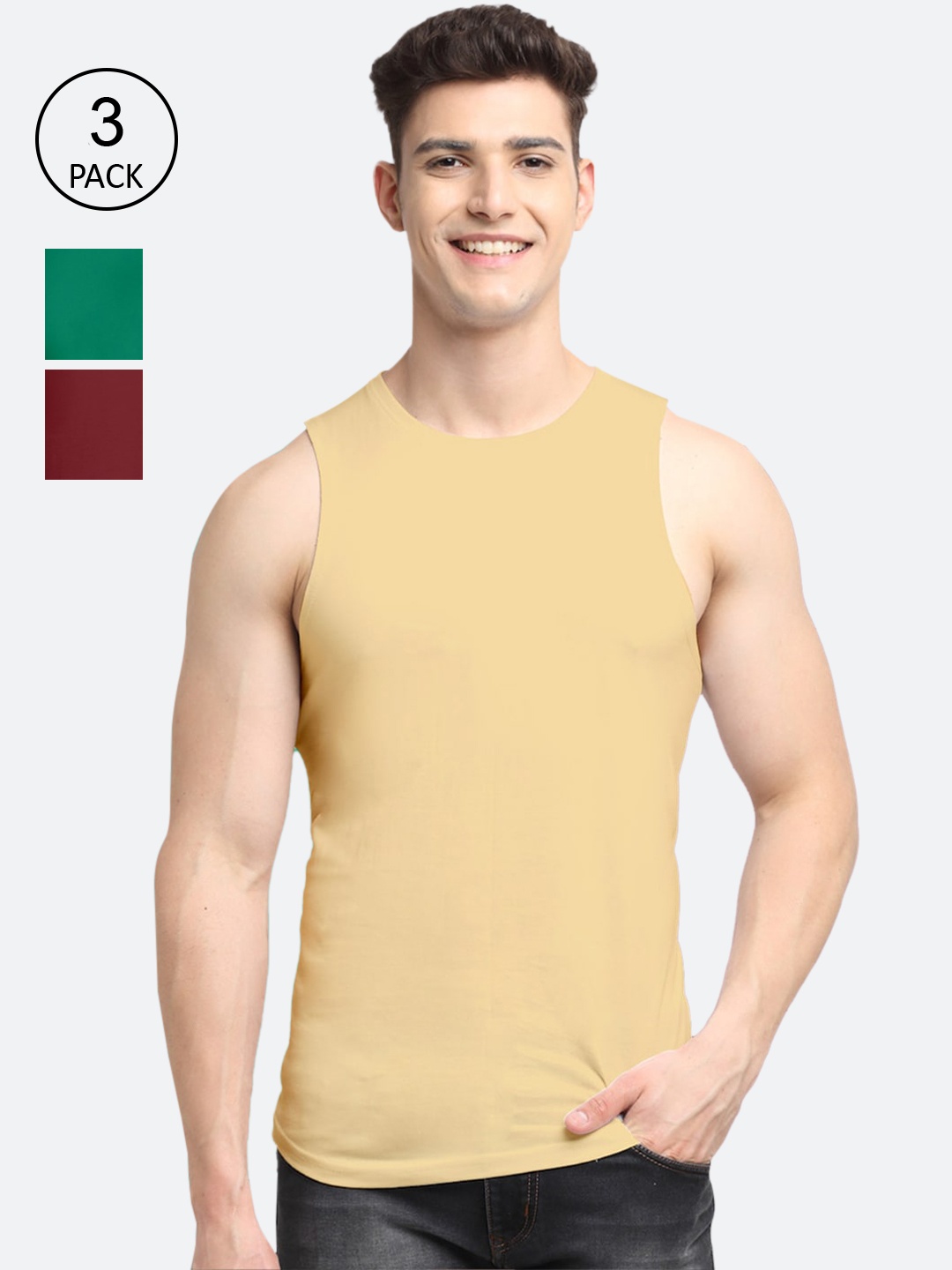 

Friskers Men Pack Of 3 Solid Pure Cotton Gym Vests, Beige
