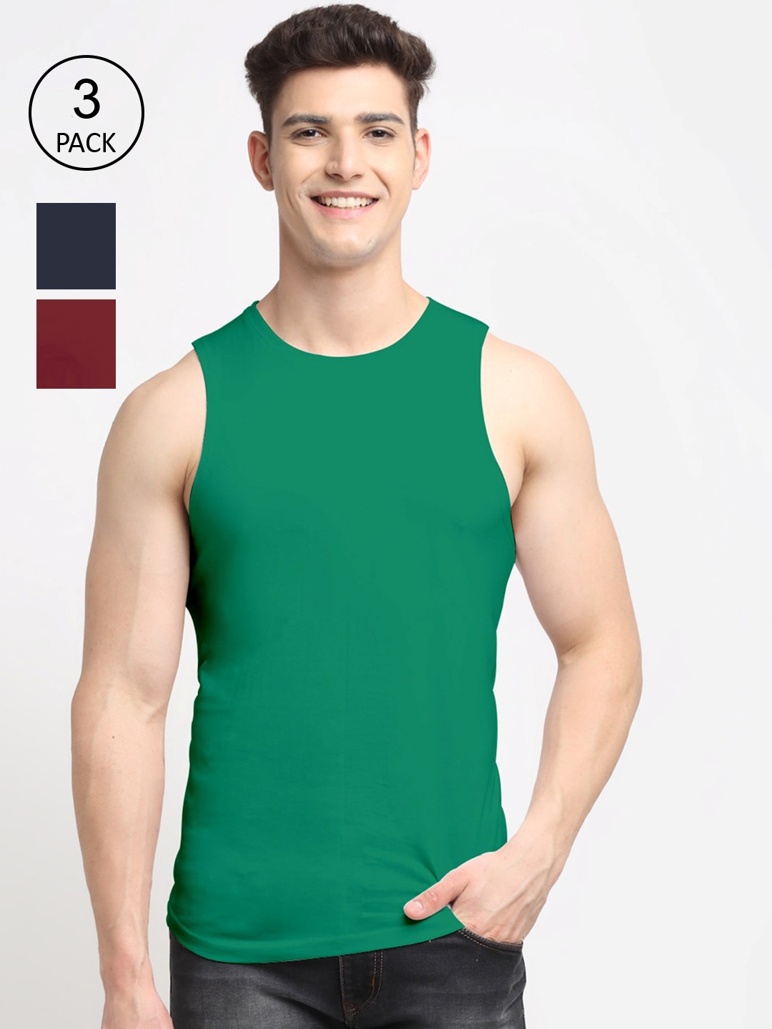 

Friskers Men Set Of 3 Green Maroon Navy Solid Sleeveless Pure Cotton Innerwear Vests