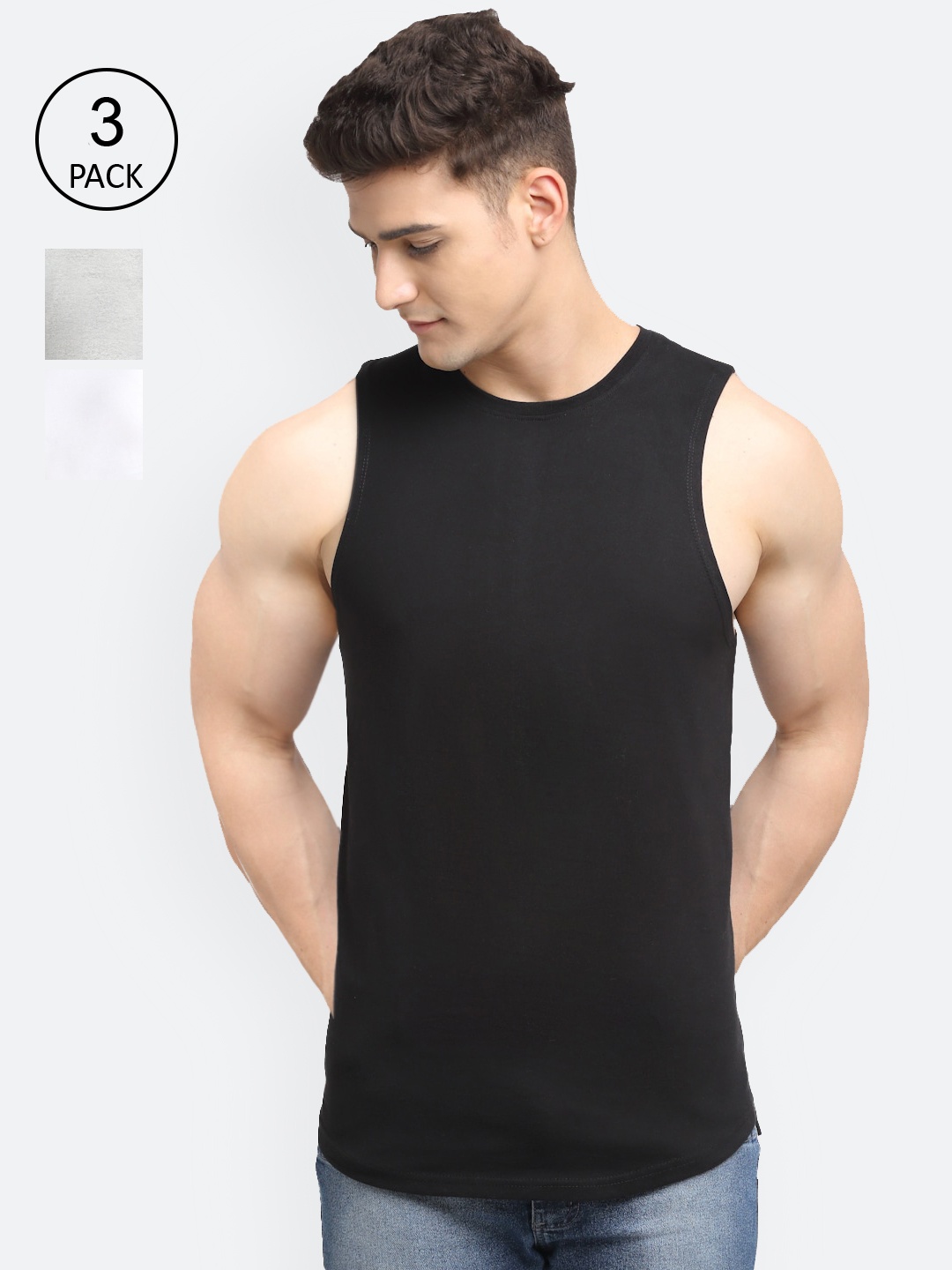 

Friskers Men Pack Of 3 Solid Cotton Innerwear Vests, Black