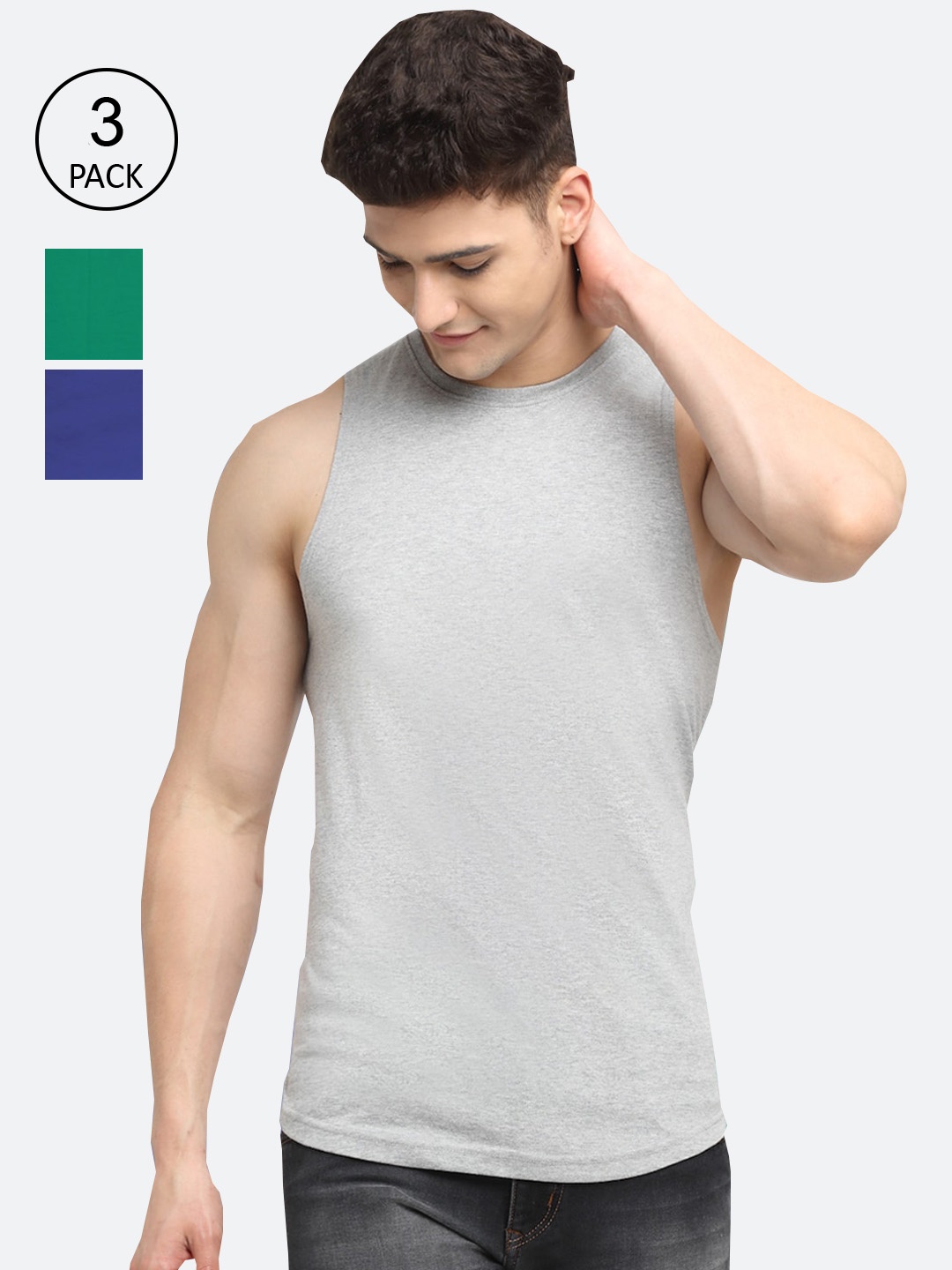 

Friskers Men Pack Of 3 Grey and Blue and Green Pure Cotton Gym Innerwear Vest