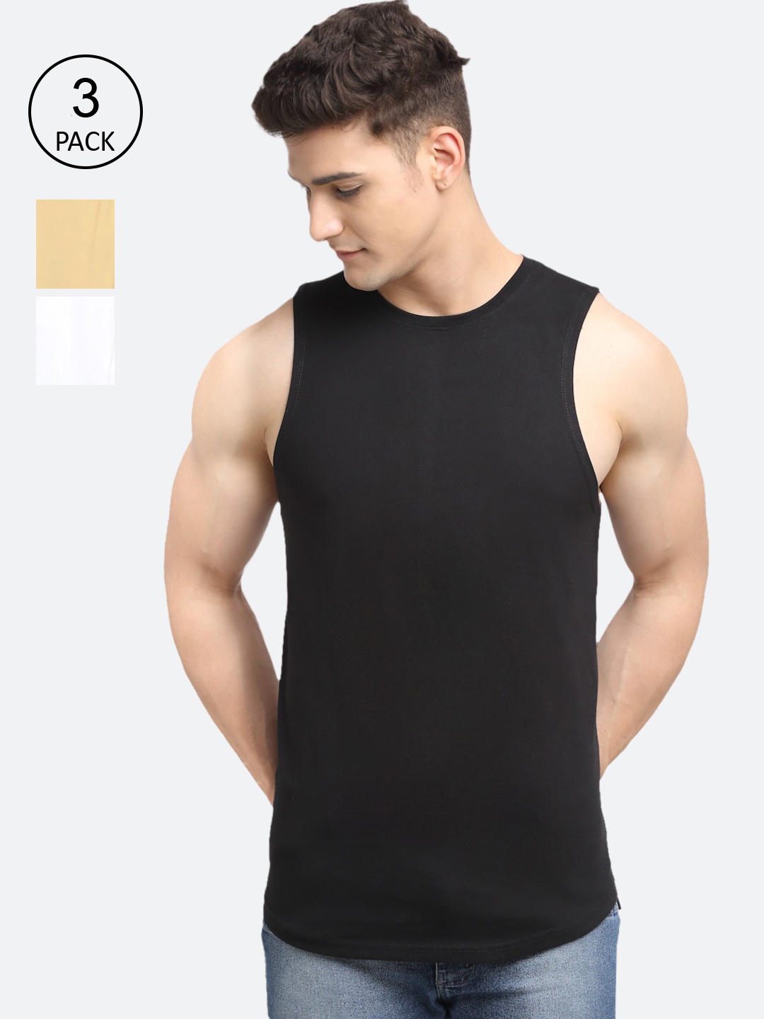 

Friskers Men Pack Of 3 Black Solid Pure Cotton Gym Vests