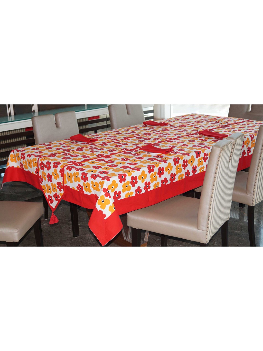 

Lushomes Red & White 6 Pieces Floral Printed Table Linen Set
