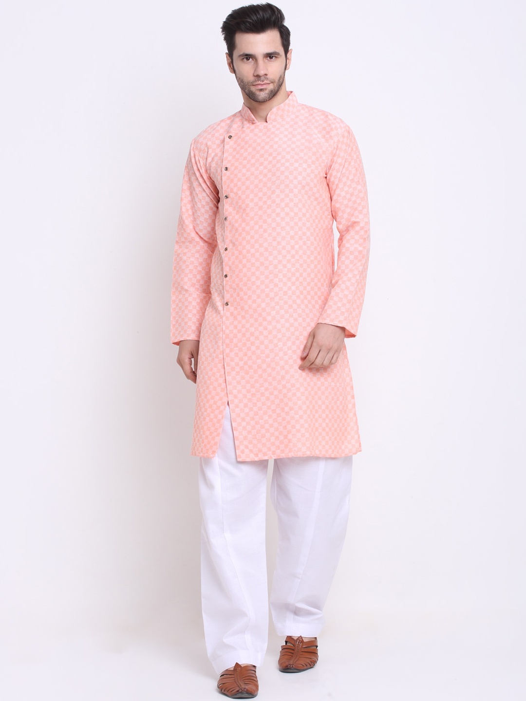 

Benstoke Men Peach & White Angrakha Kurti with Trousers