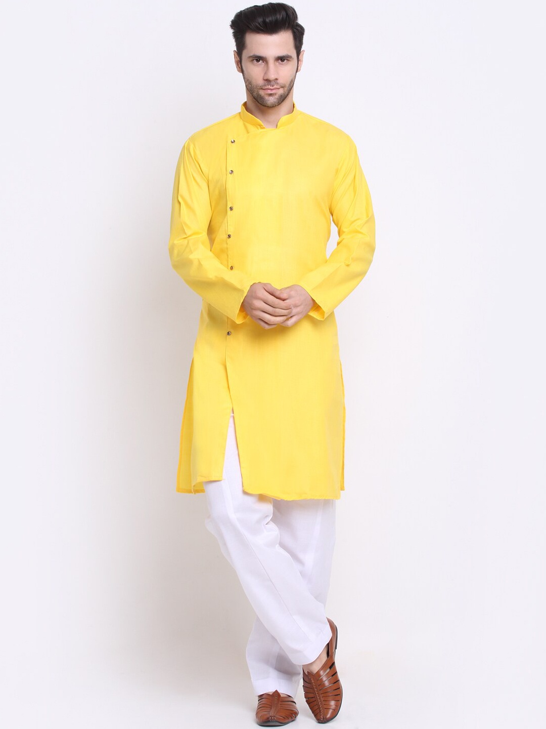 

Benstoke Men Yellow Angrakha Kurta with Pyjamas