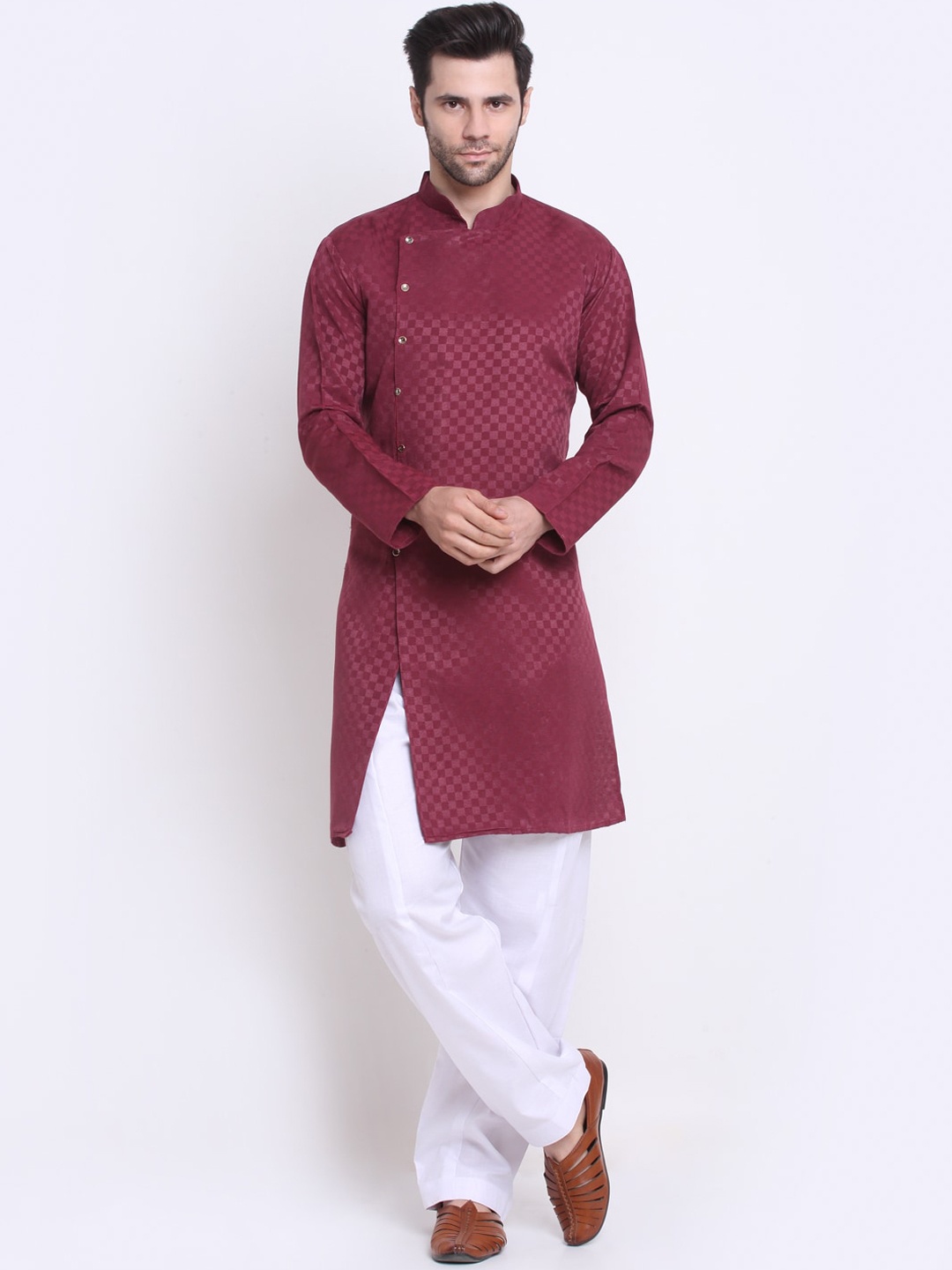 

Benstoke Men Maroon Ethnic Motifs Angrakha Kurta with Pyjamas