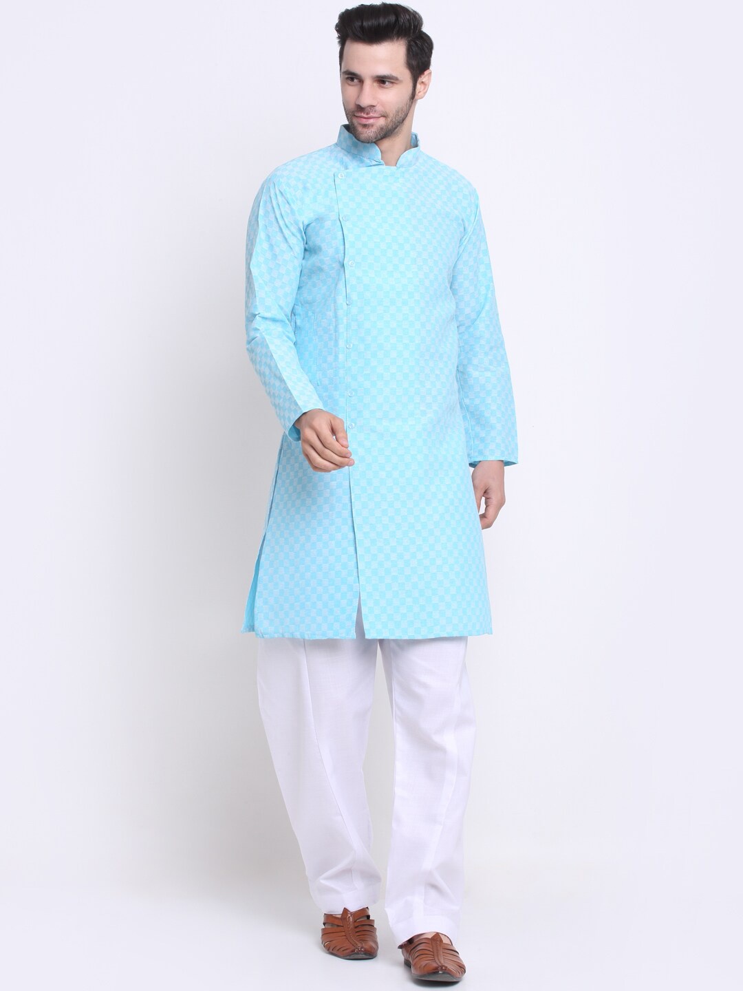 

Benstoke Men Blue Striped Angrakha Kurta with Pyjamas