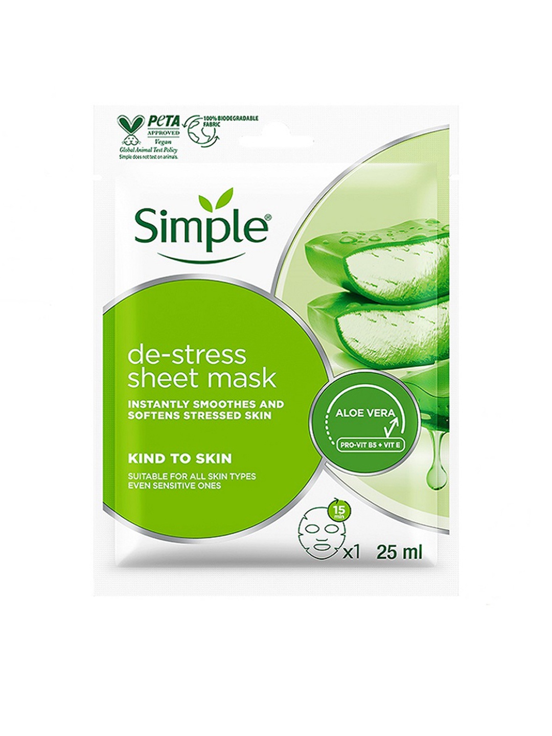 

Simple Kind to Skin De-Stress Sheet Mask with Vitamin E & Aloevera - 25 ml, Green