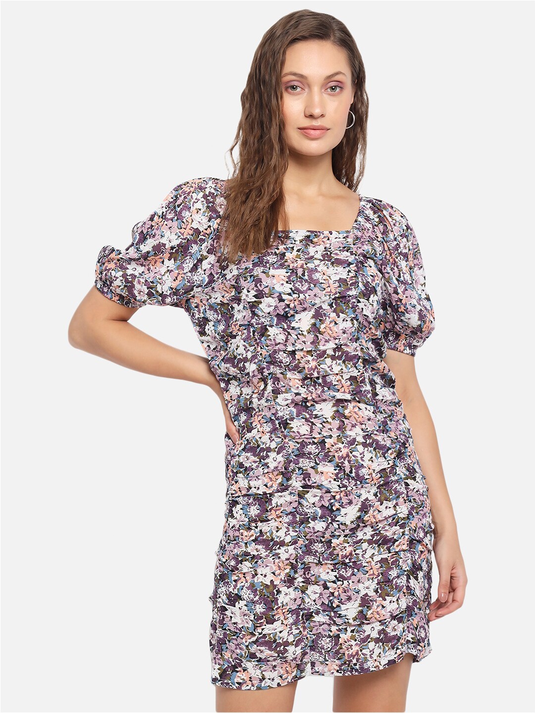 

Trend Arrest Purple & White Floral Printed Ruched Sheath Dress