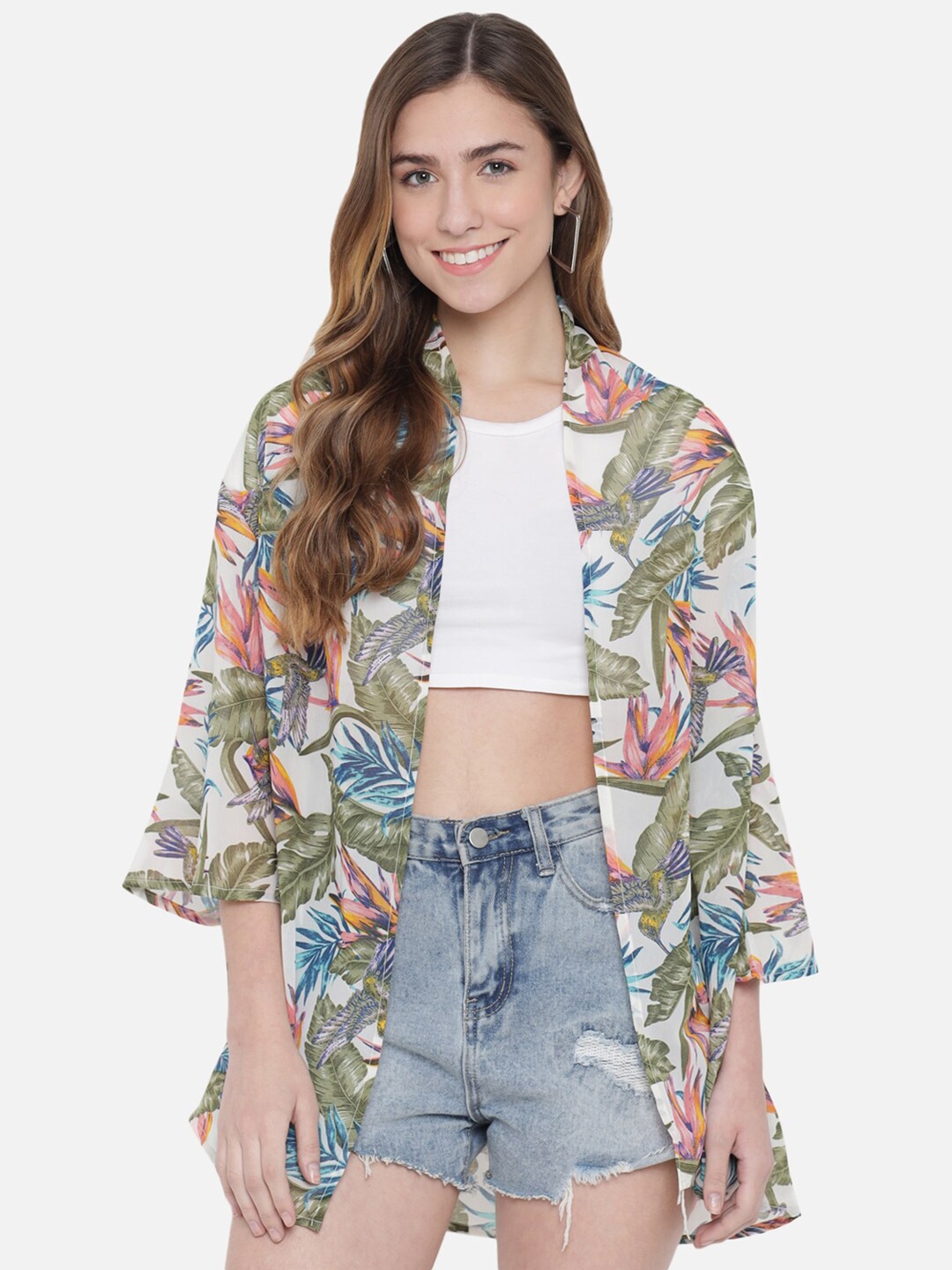 

Trend Arrest Women White & Green Tropical Printed Shrug