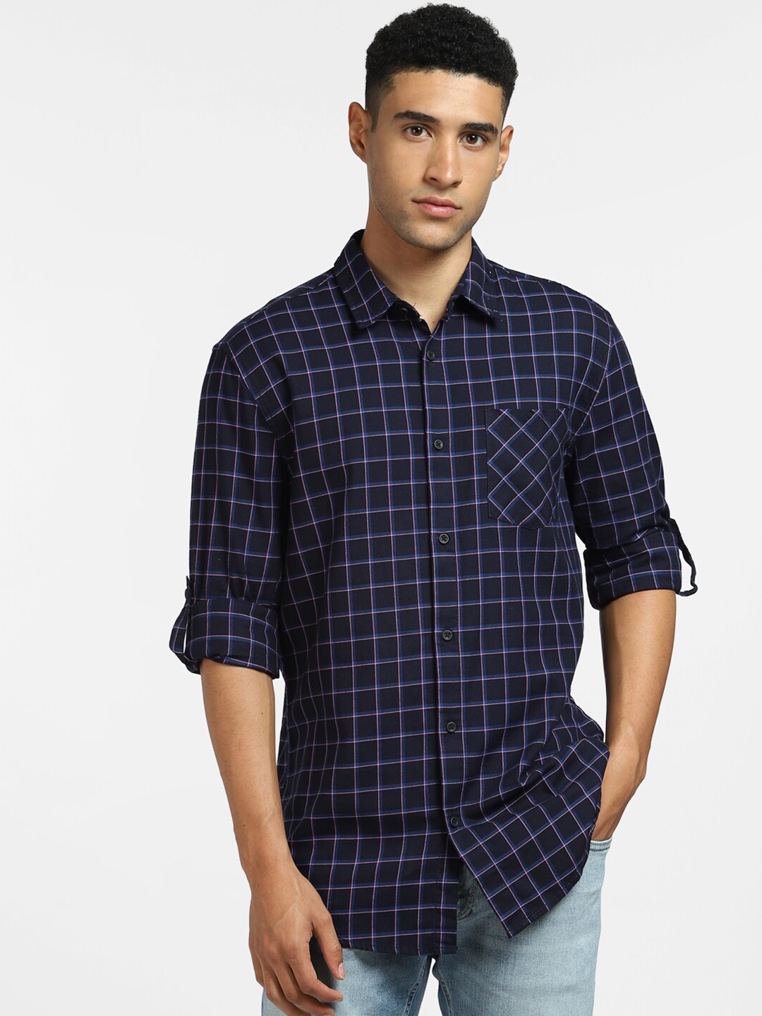 

Jack & Jones Men Blue Grid Tattersall Checked Cotton Casual Shirt