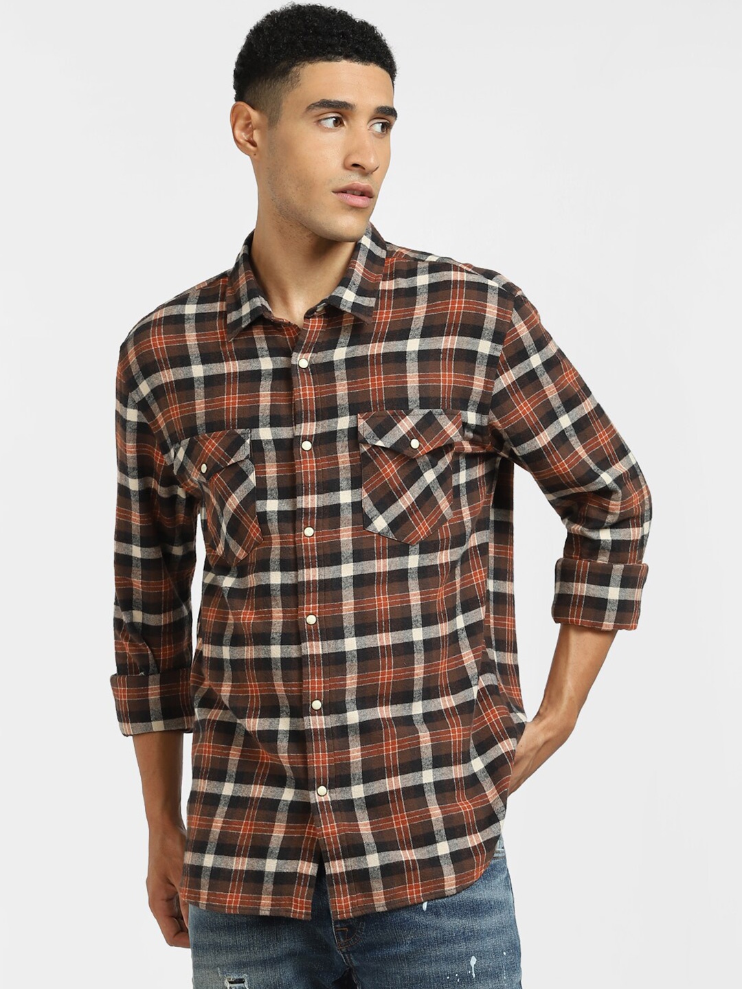 

Jack & Jones Men Rust & Black Tartan Checks Checked Casual Shirt, Multi