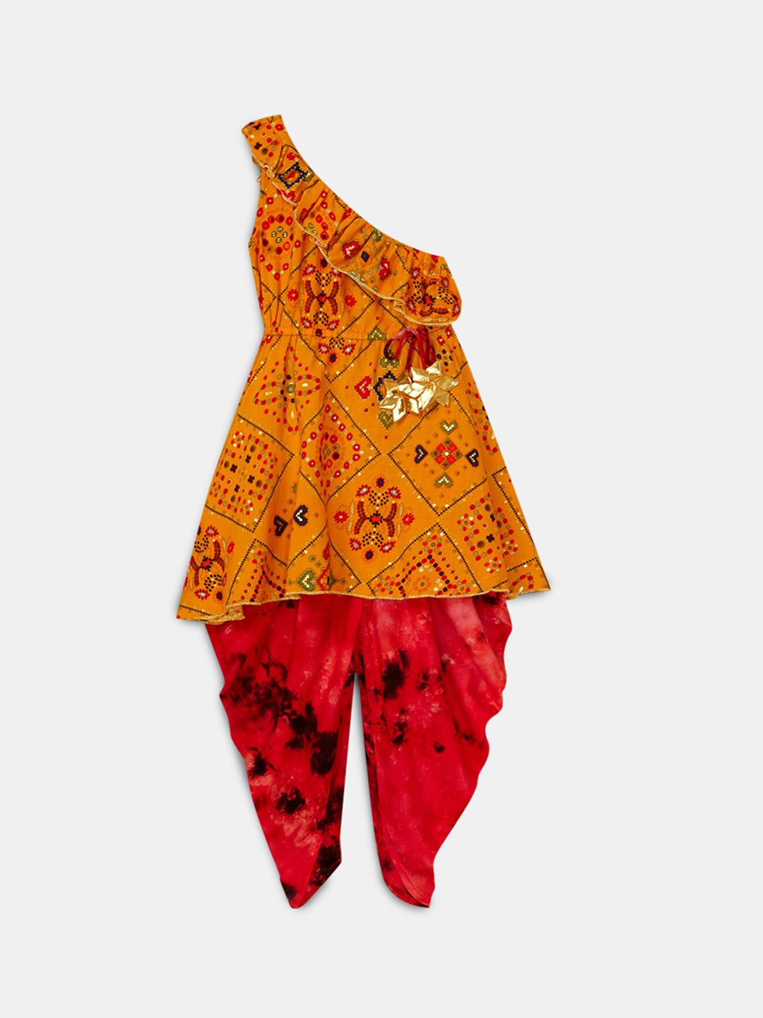 

Hopscotch Girls Yellow Ethnic Motifs Embroidered Pure Cotton Kurti with Dhoti Pants & With Dupatta