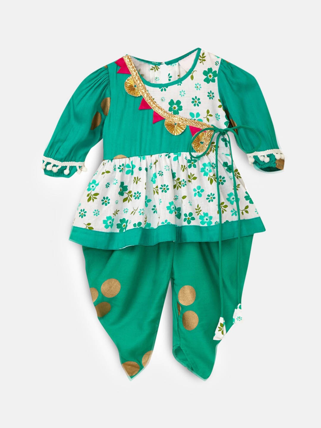 

Hopscotch Girls Green Printed Angrakha Pure Cotton Kurti with Dhoti Pants
