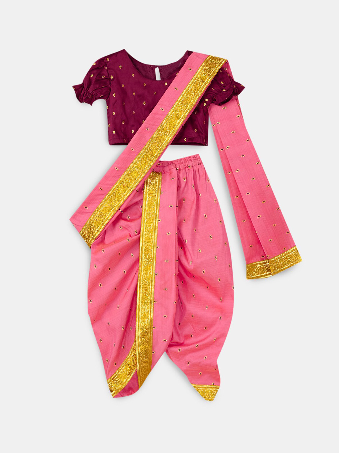 

Hopscotch Girls Magenta Printed Angrakha Pure Silk Kurta with Dhoti Pants