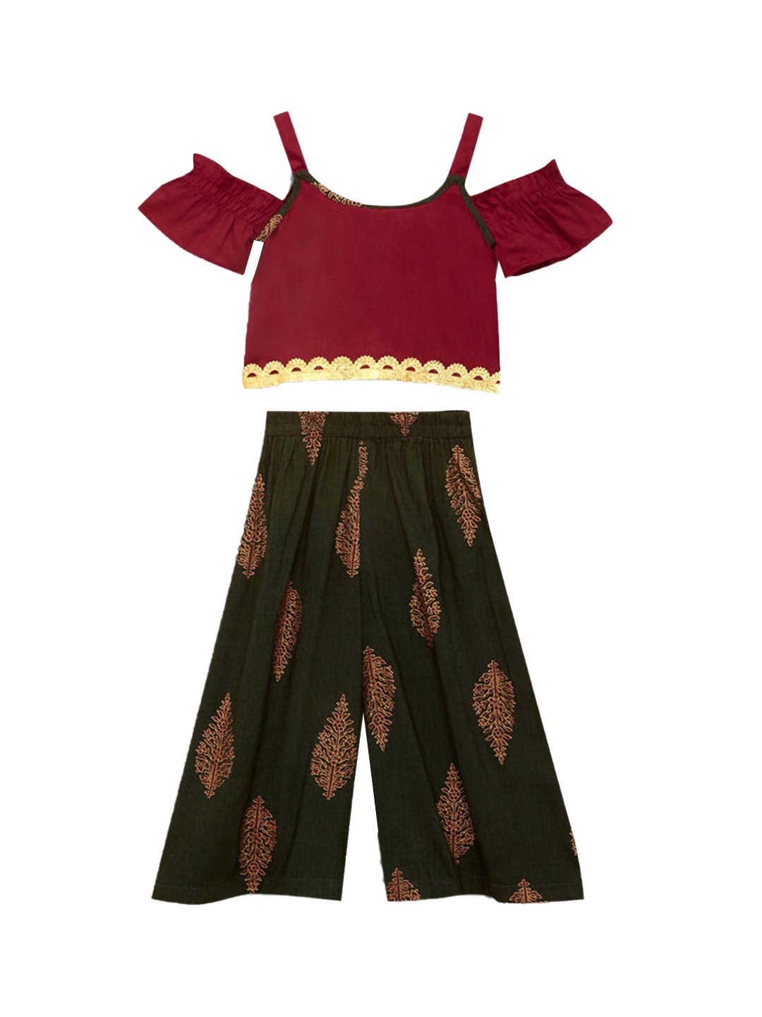 

Hopscotch Girls Maroon Printed Empire Pure Cotton Kurta with Palazzos