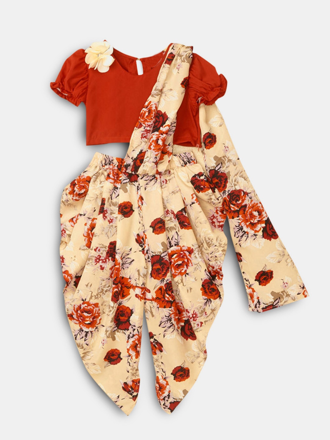 

Hopscotch Girls Red Floral Printed Empire Kurti with Dhoti Pants & With Dupatta