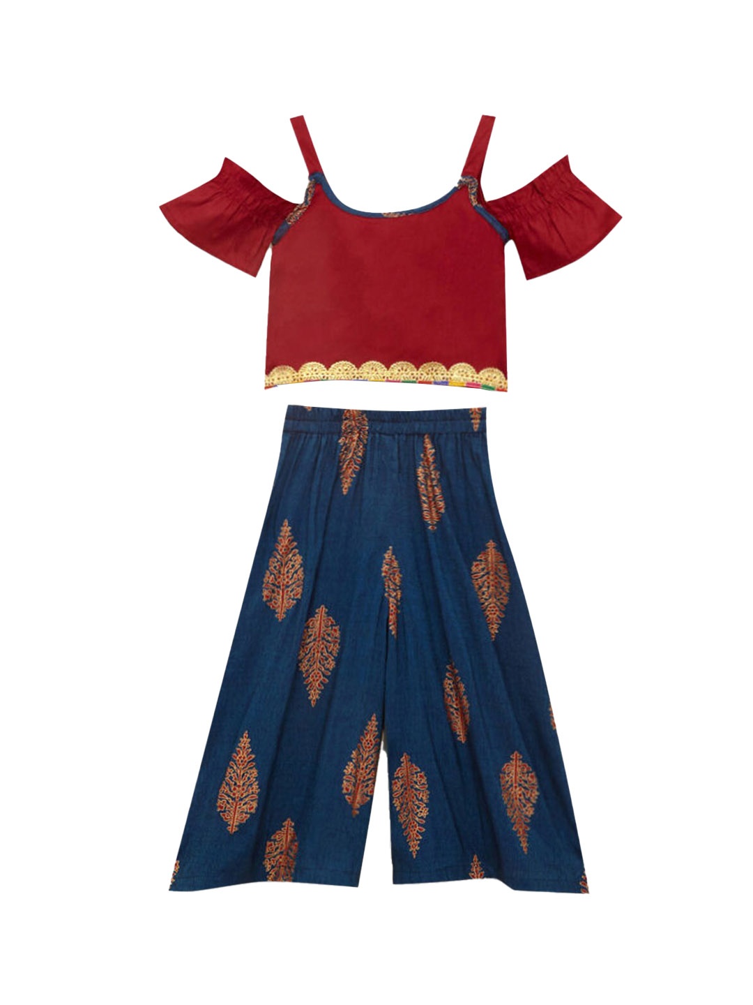 

Hopscotch Girls Red Paisley Striped High Slit Pure Cotton Kurta with Pyjamas